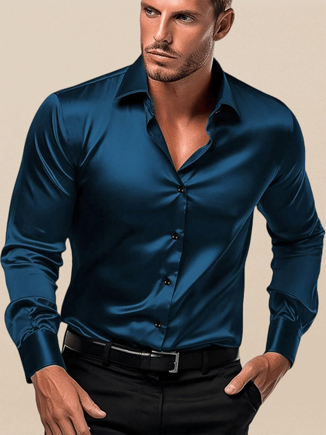 INDOPRIMO Men Navy Blue Solid Spread Collar Satin Formal Shirt