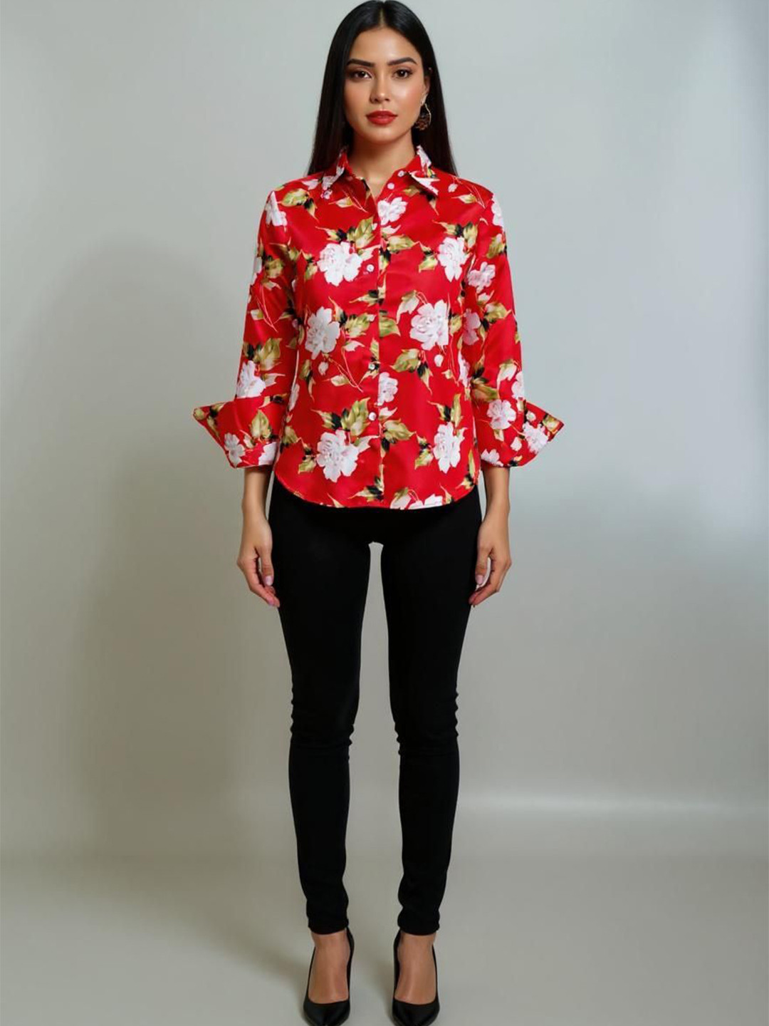 Glam & Chique Women's Polysatin Shiny Floral Printed Shirt