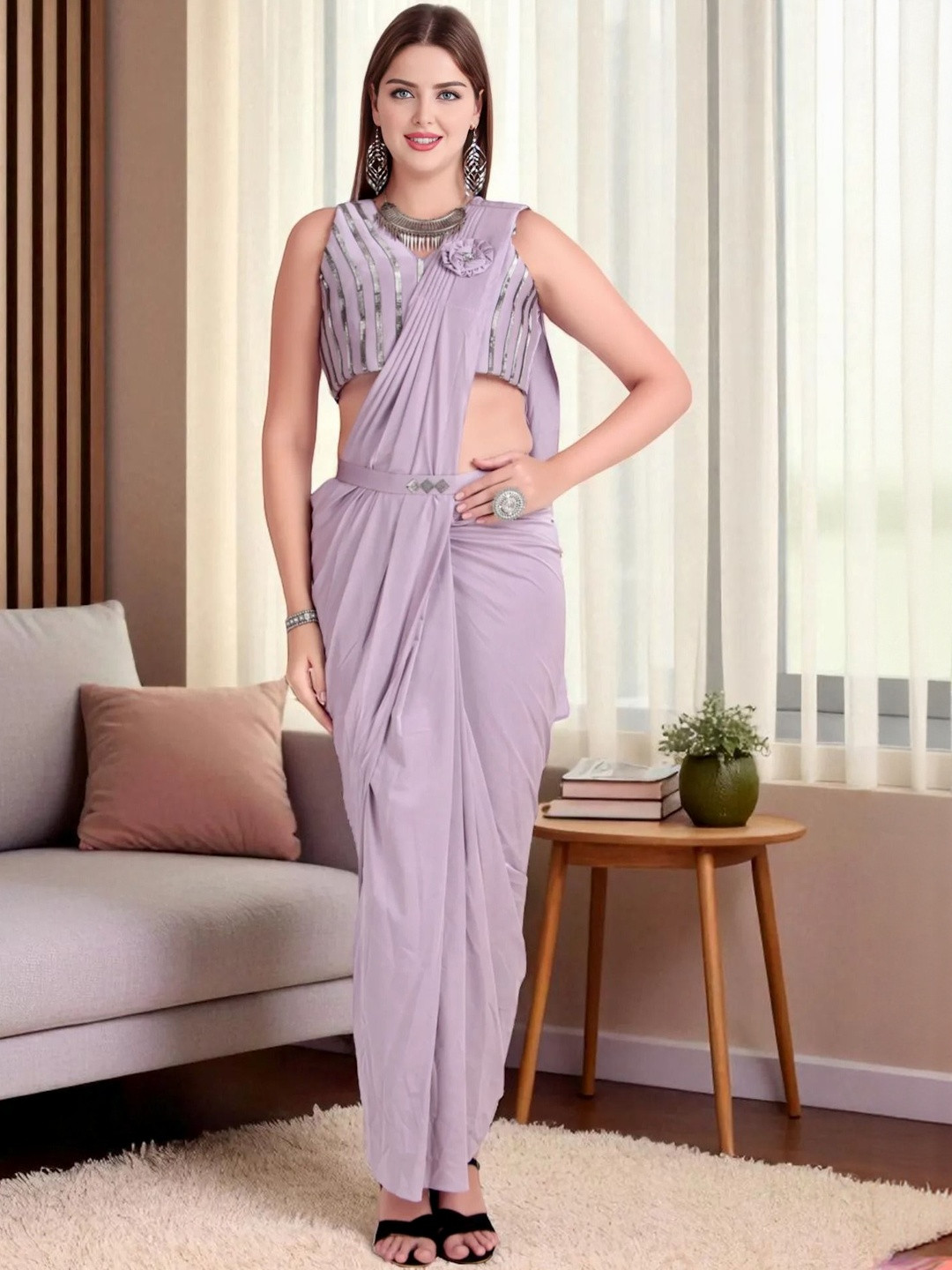 TRAQUILA Party Saree With Stitched Blouse