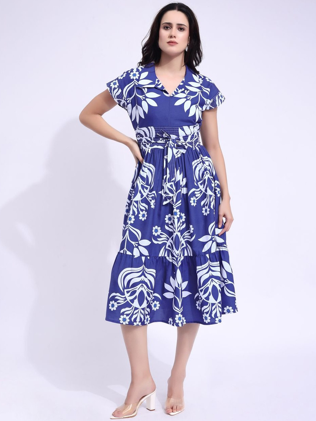 PURVAJA Floral Printed Tiered Smock Midi Dress
