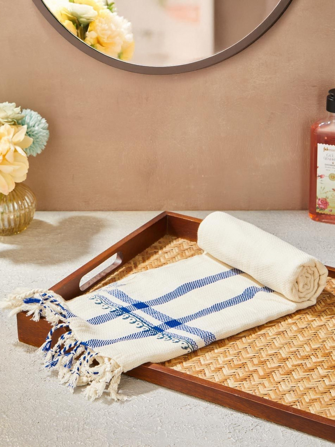 Fabindia Blue & Off White Printed 125 GSM Cotton Hand Towel