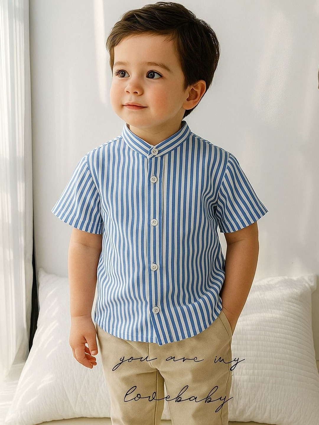 AMBARDI FASHION Boys Classic Striped Mandarin Collar Cotton Casual Shirt