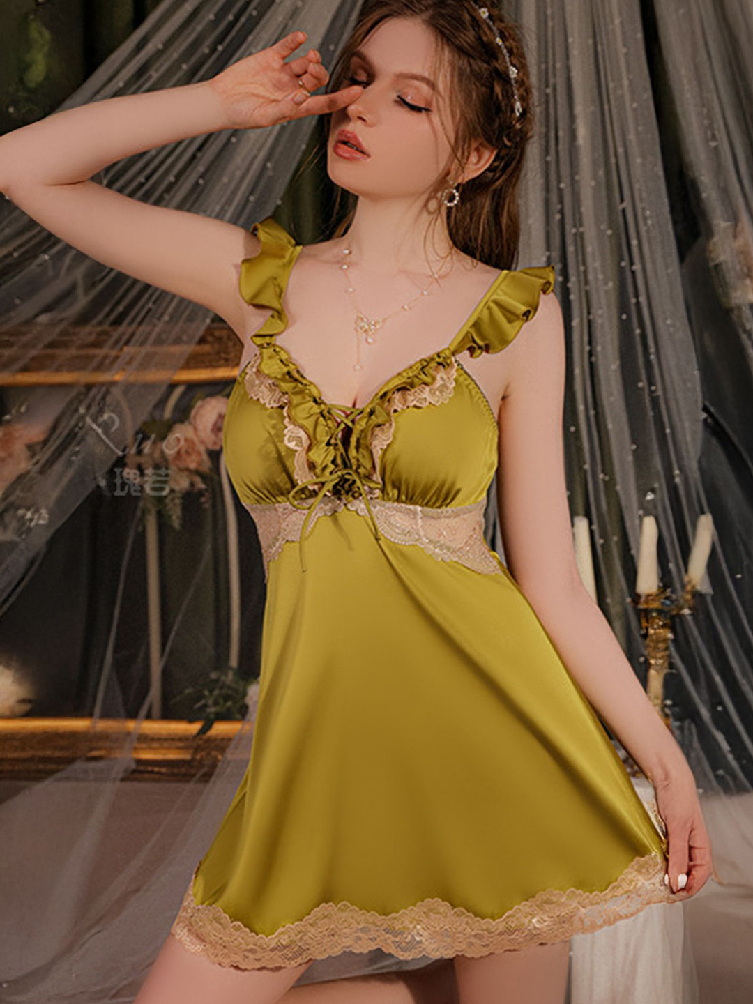 LULU & SKY Lace-Up Front Flutter Sleeves Backless Baby Doll Nightdress