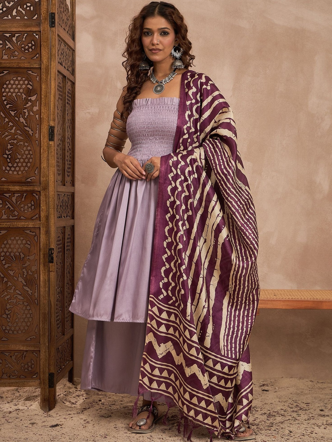 InWeave Pleated Off-Shoulder A-Line Kurta With Palazzo & Dupatta