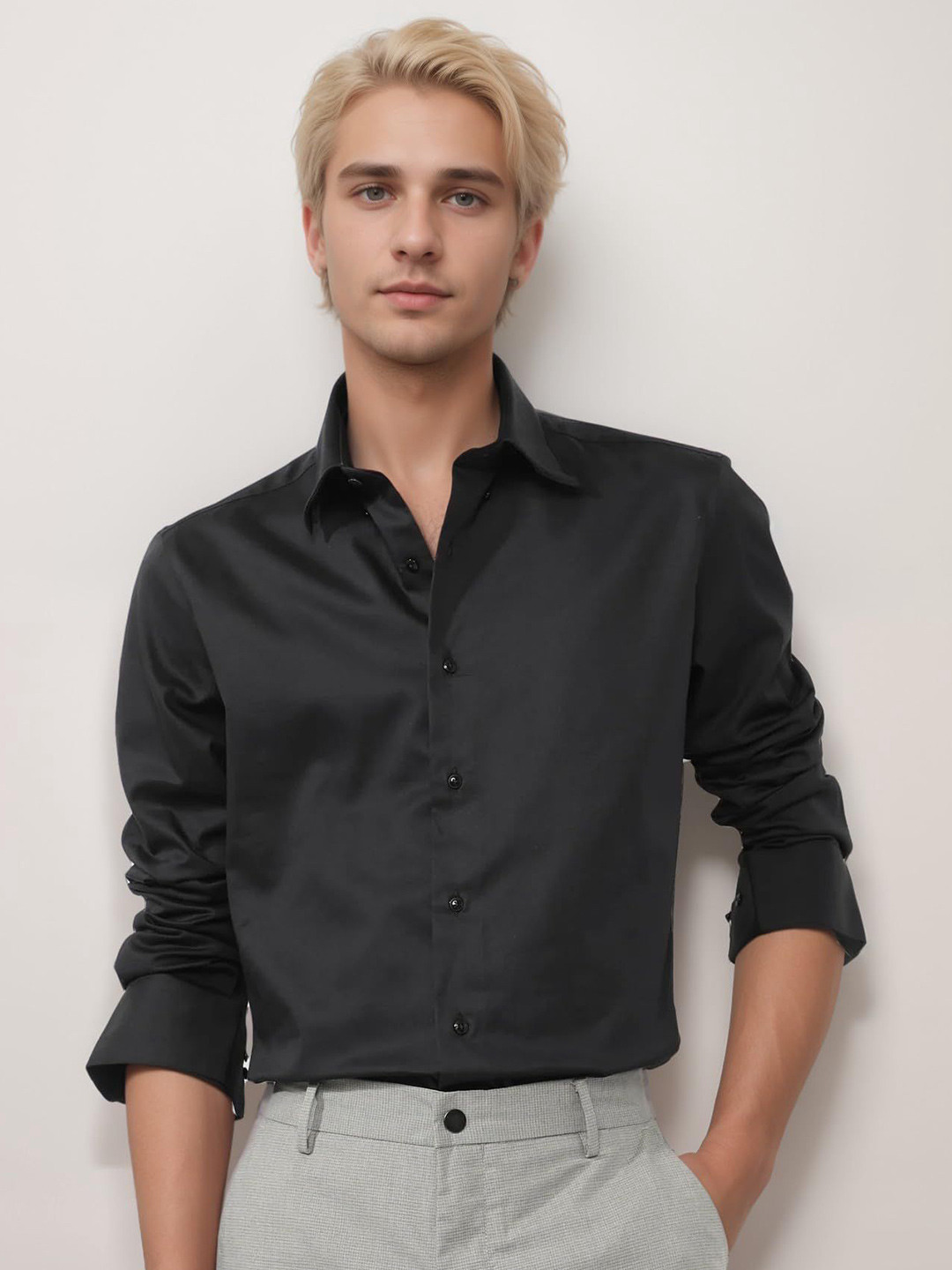 INDOPRIMO Men Solid Spread Collar Satin Casual Shirt