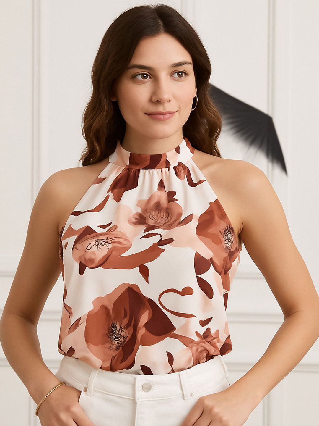 MATMA FASHION Women Floral Printed Halter Neck Cotton Top