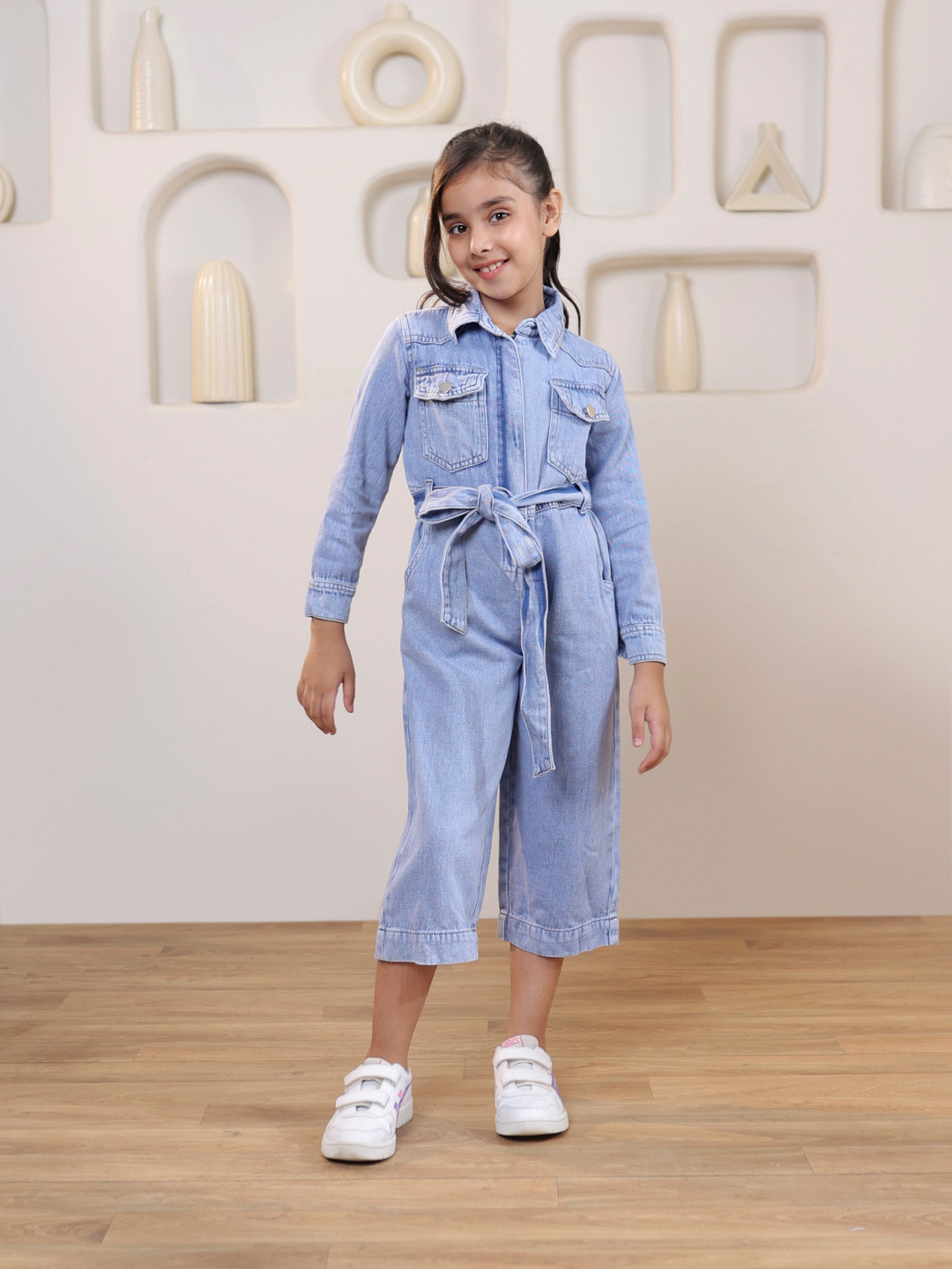 SHORGUL Girls Collared Denim Basic Jumpsuit with Belt