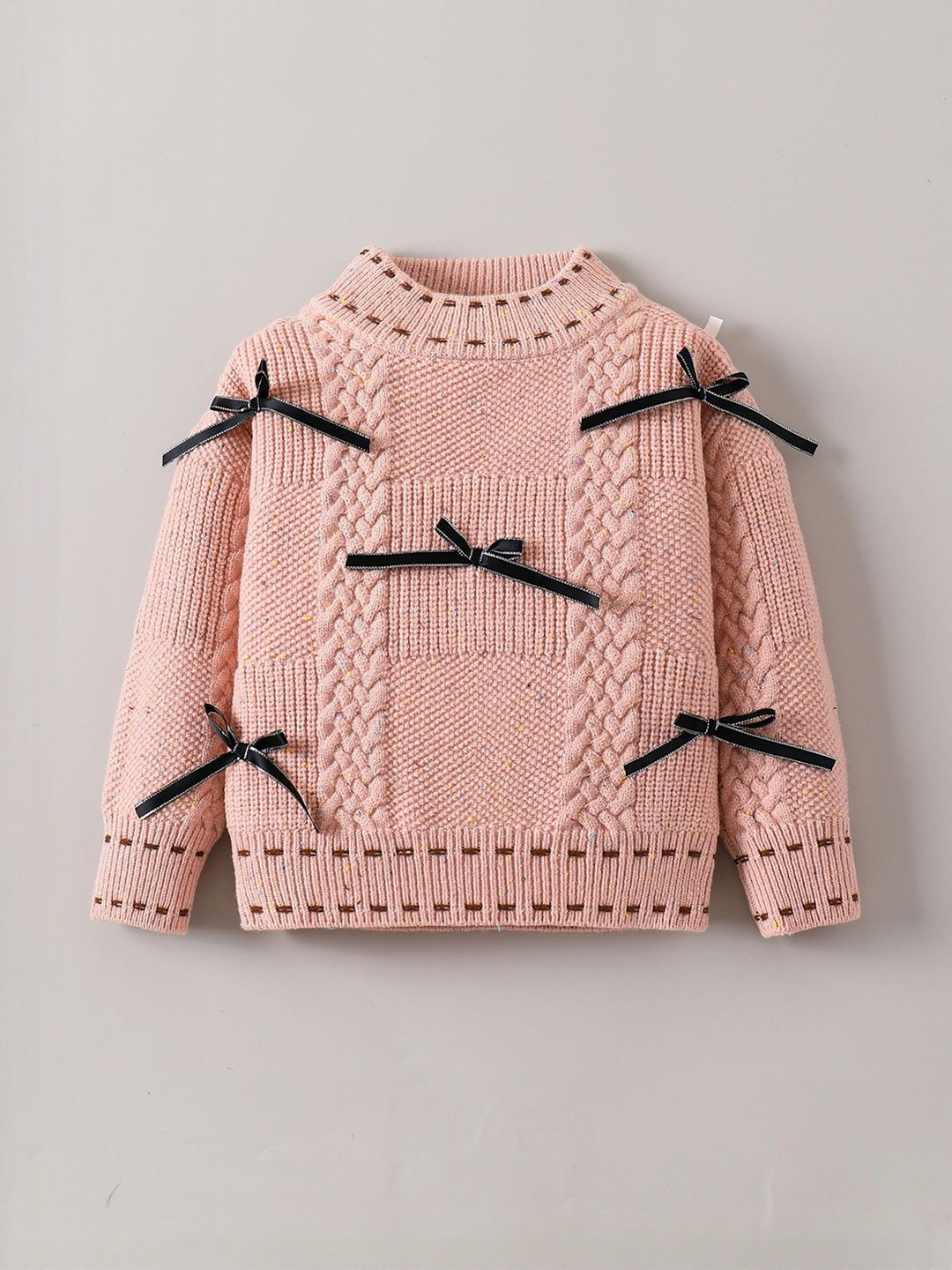 Hopscotch Girls Pink Bow Detail High Neck Long Sleeves Cable Casual Pullover Sweaters