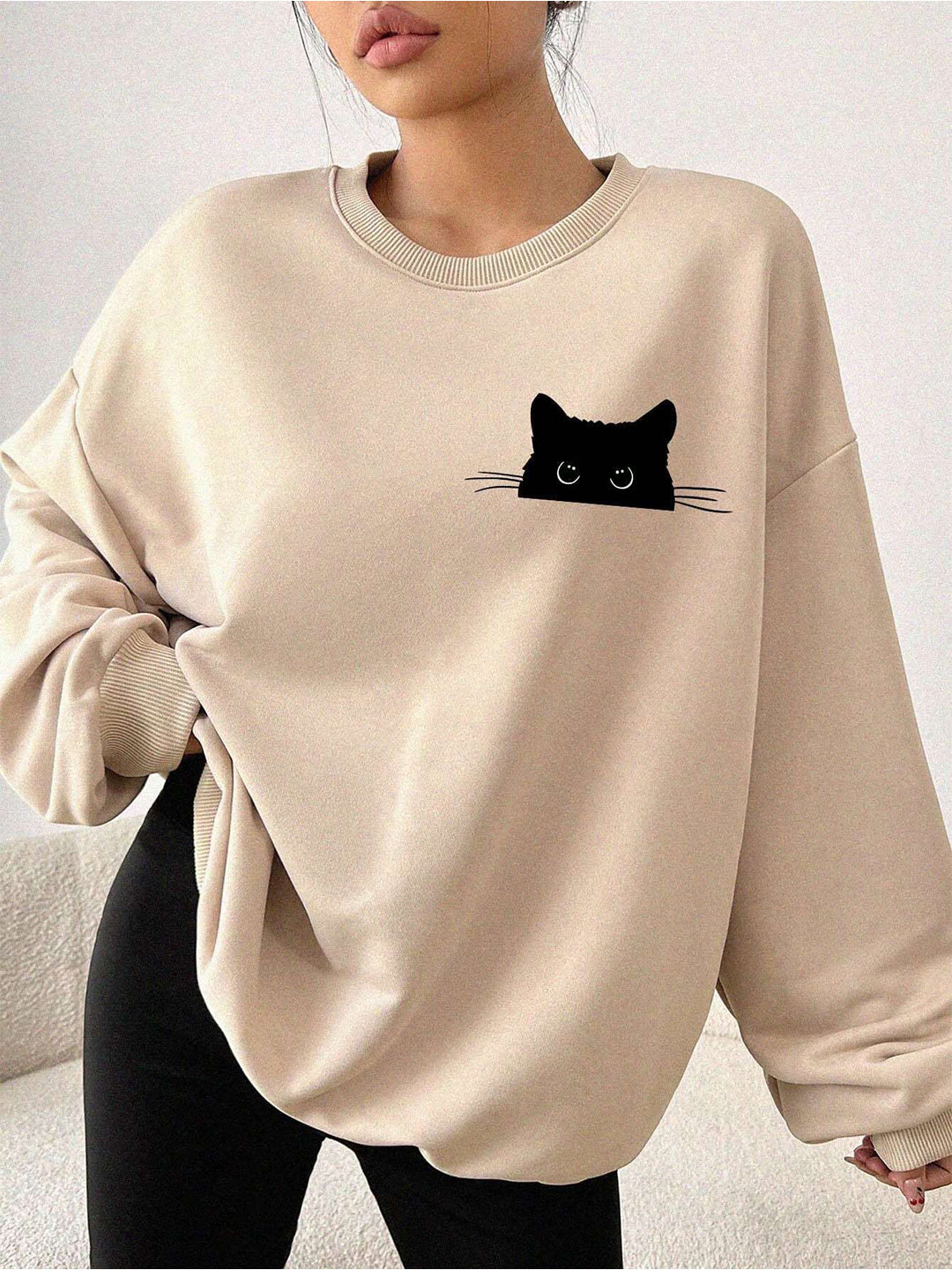 TABADTOD Women Cat Printed Pullover Oversized Sweatshirt