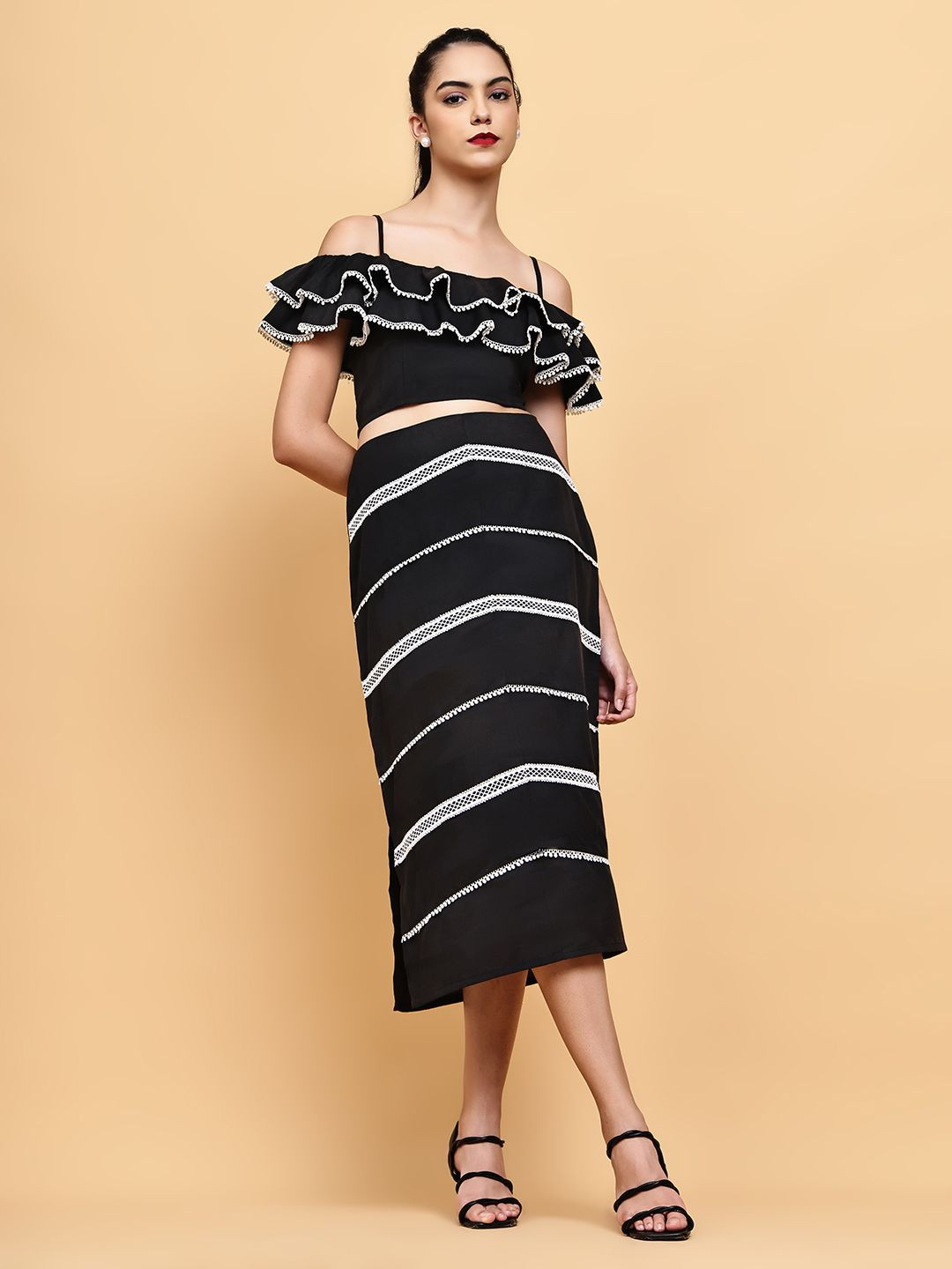 BLANC9 Embroidered Shoulder Strap-Neck Linen Top With Laced Skirt
