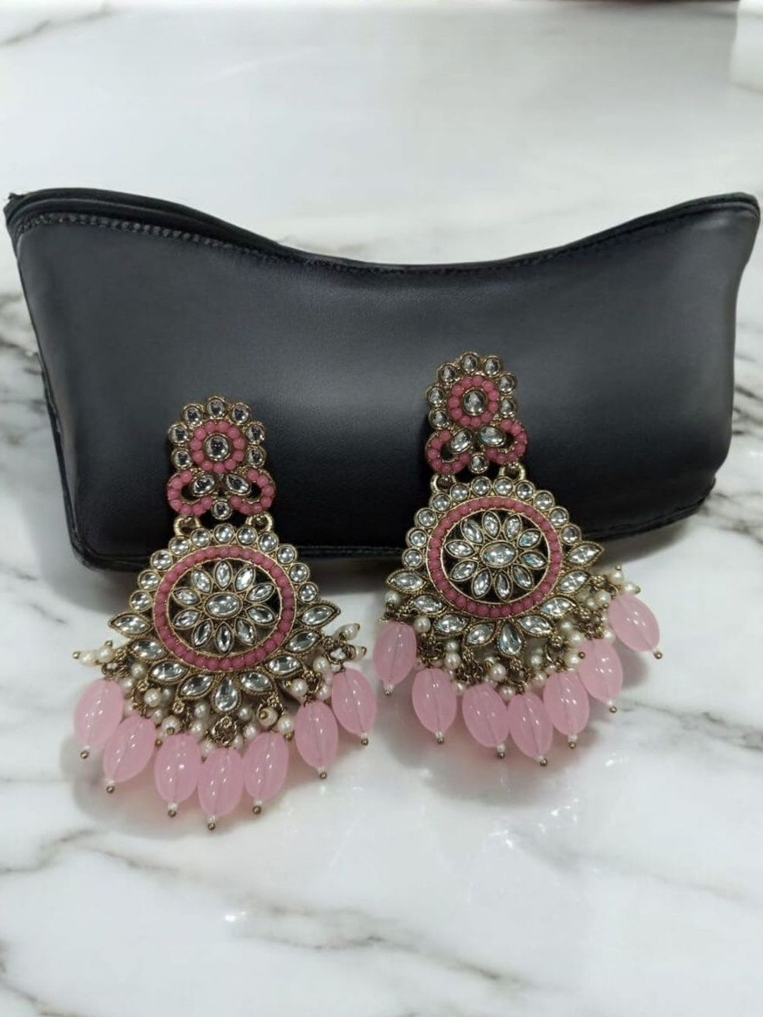 ELANHOOD Gold-Plated Kundan Studded Circular Shaped Drop Earrings