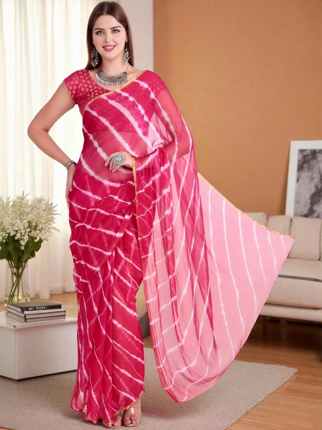 TRAQUILA Leheriya Printed Pure Chiffon Leheriya Saree