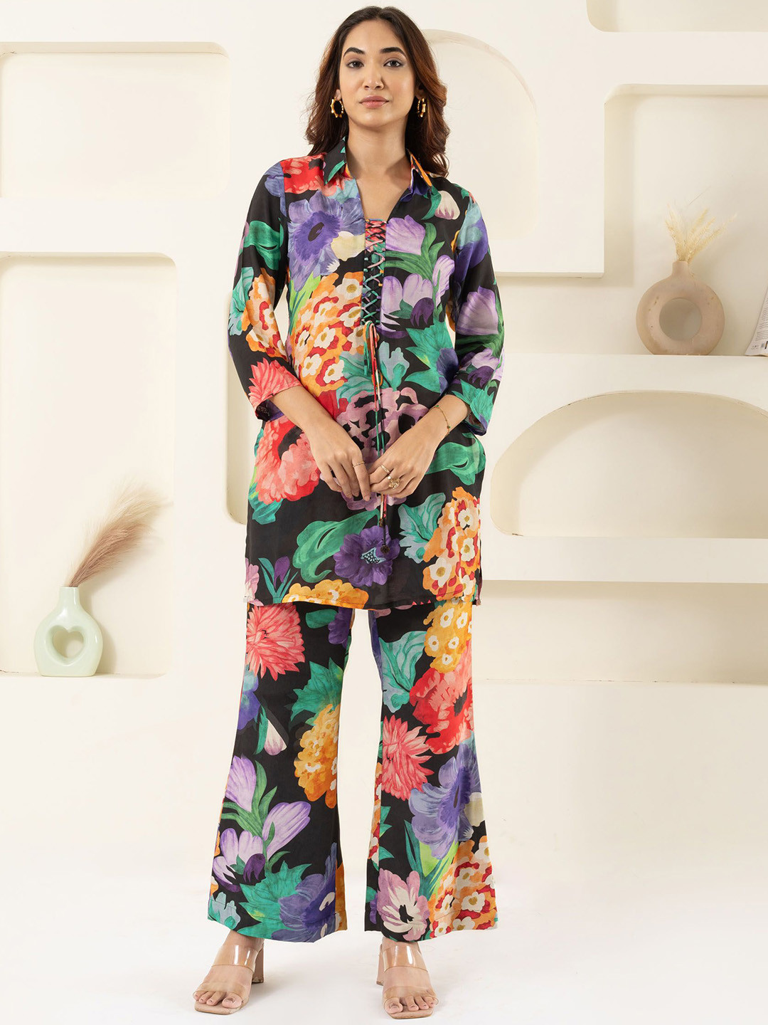 EESHA GUPTA Myra Floral Printed Shirt Collar Muslin Tunic With Trousers