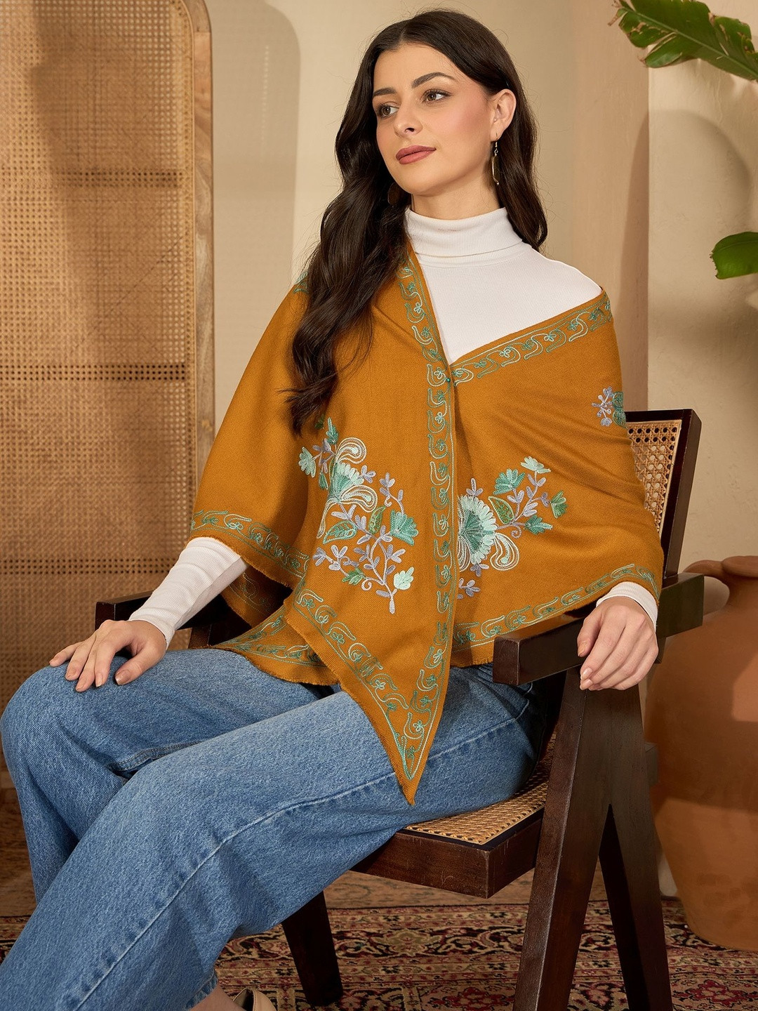 Sangria Women Ethnic Motifs Embroidered Shawl Collar Poncho