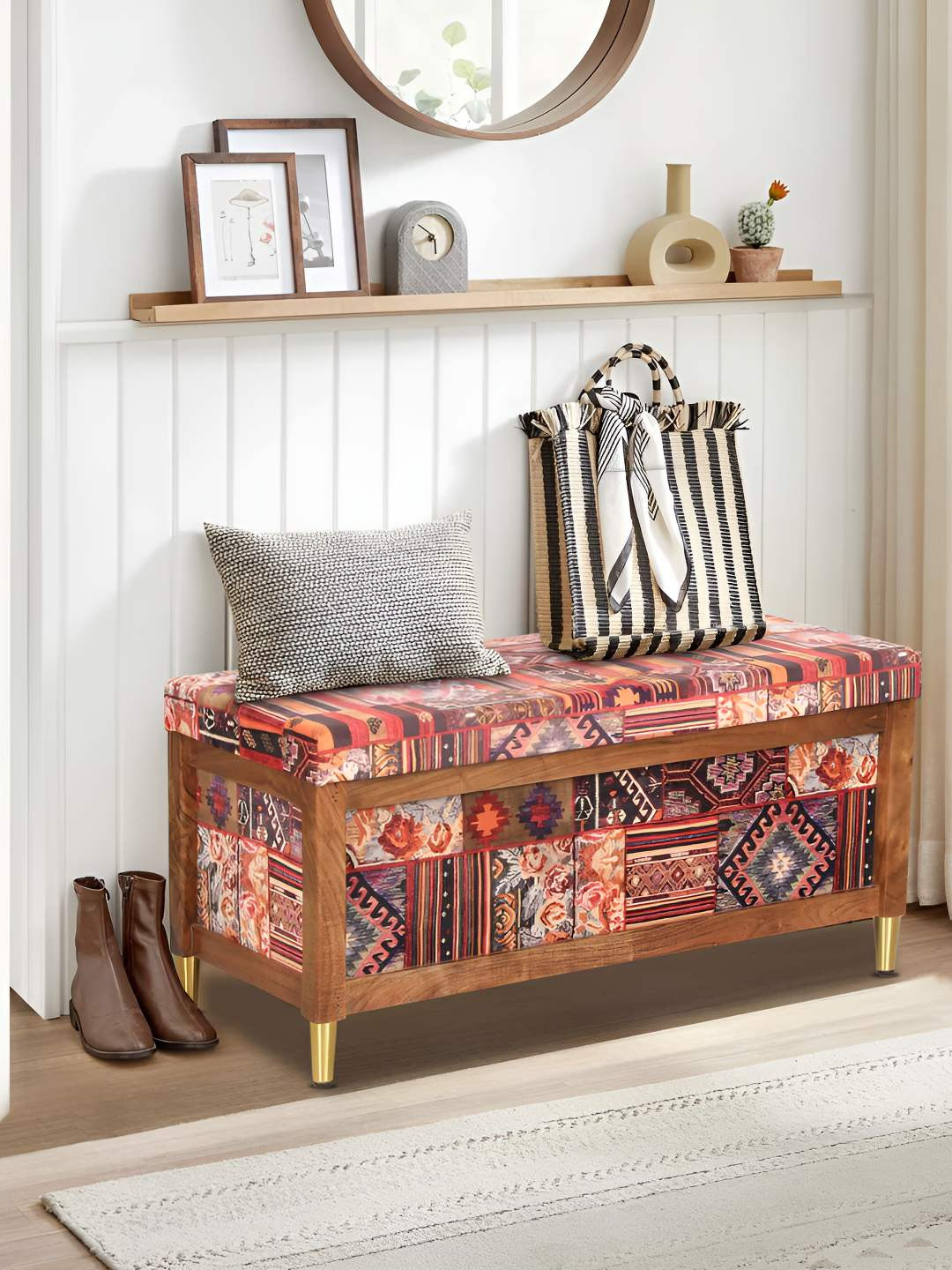 GLOBALLY INDIAN Rust Colored & Brown Printed Wooden 2-Seater Rectangle Ottoman