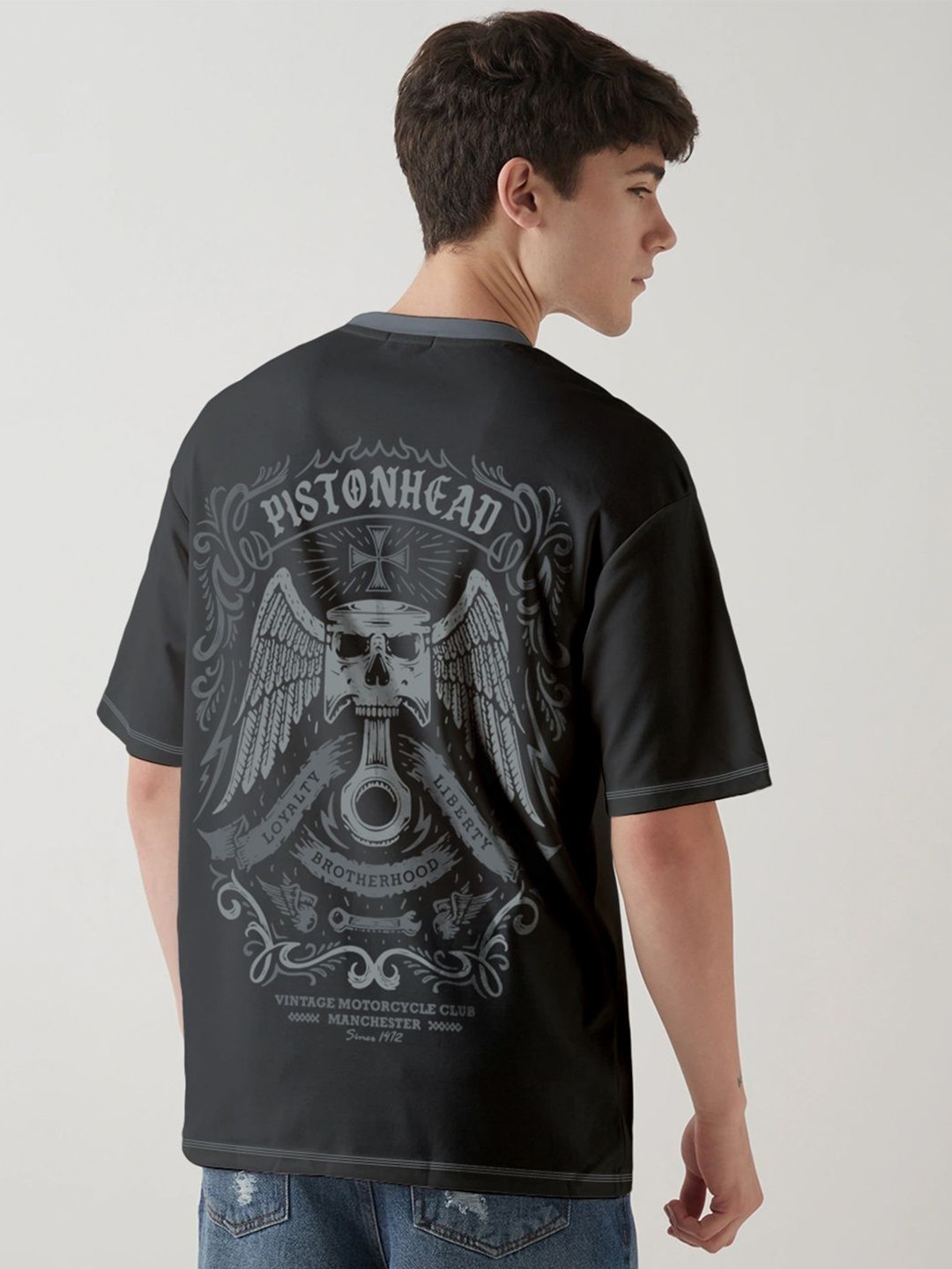 Crazymonk Piston Head Graphic Printed Drop-Shoulder Sleeves Oversized Cotton T-shirt