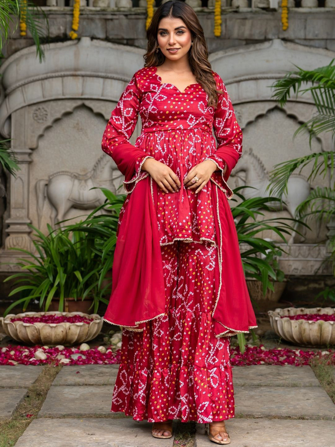 HOUSE OF JAMOTI Mehar Women Bandhani Printed Regular Kurta with Sharara & Dupatta