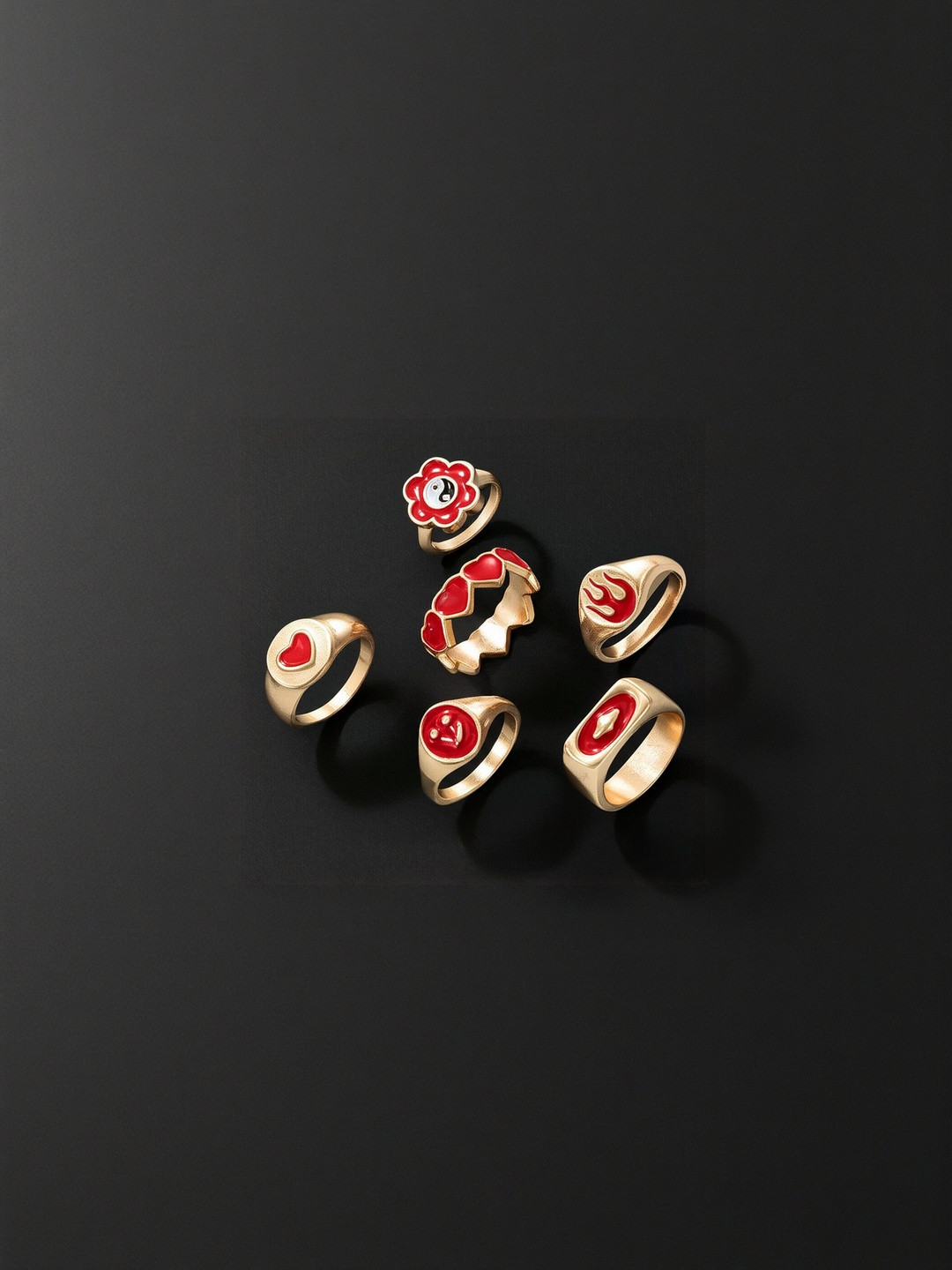 DressBerry Women Set of 6 Red & Gold-Plated Flower Heart Cherry Ring Set