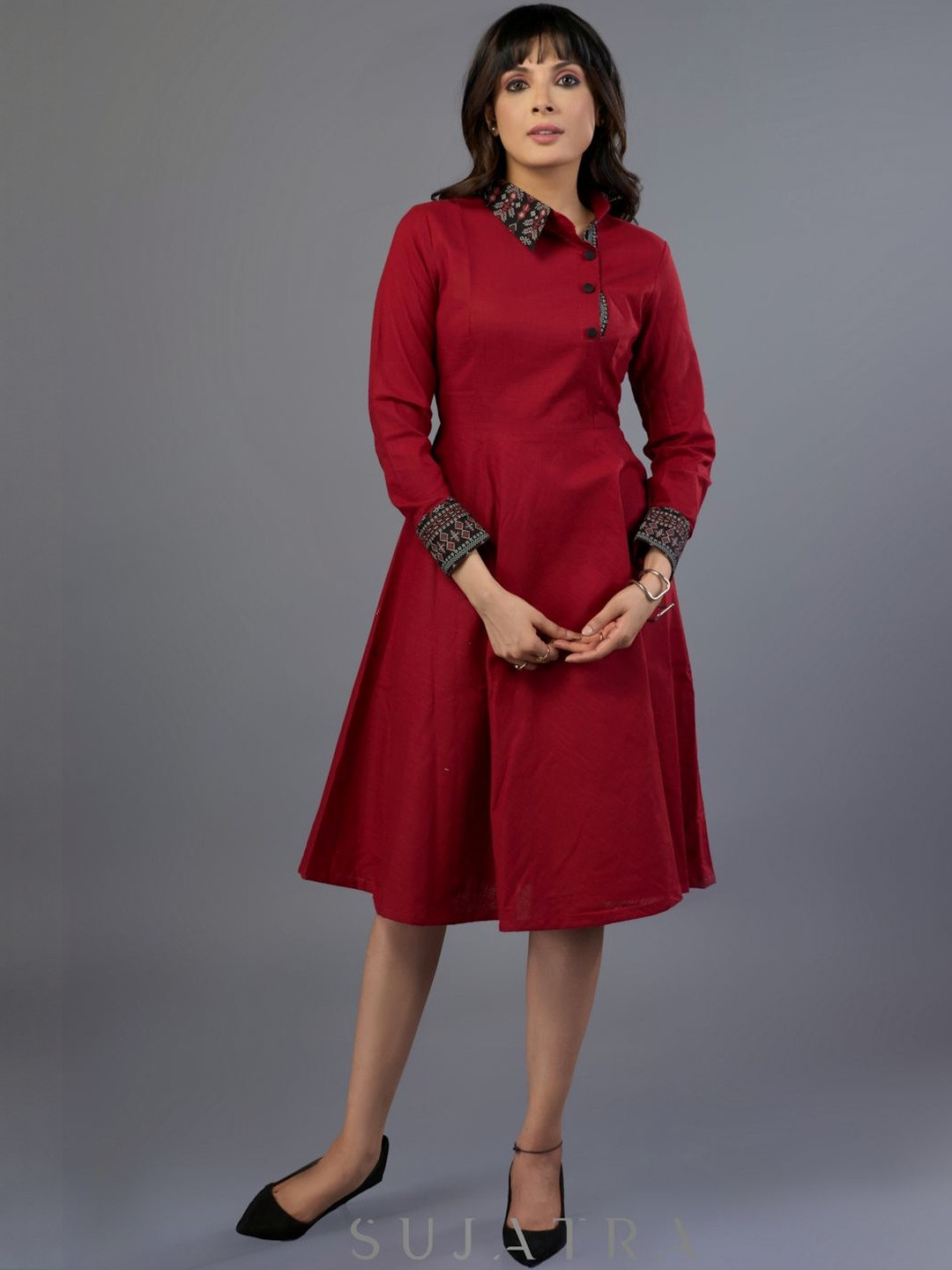 SUJATRA Women Asymmetric Neck Cotton Fit And Flare Dress