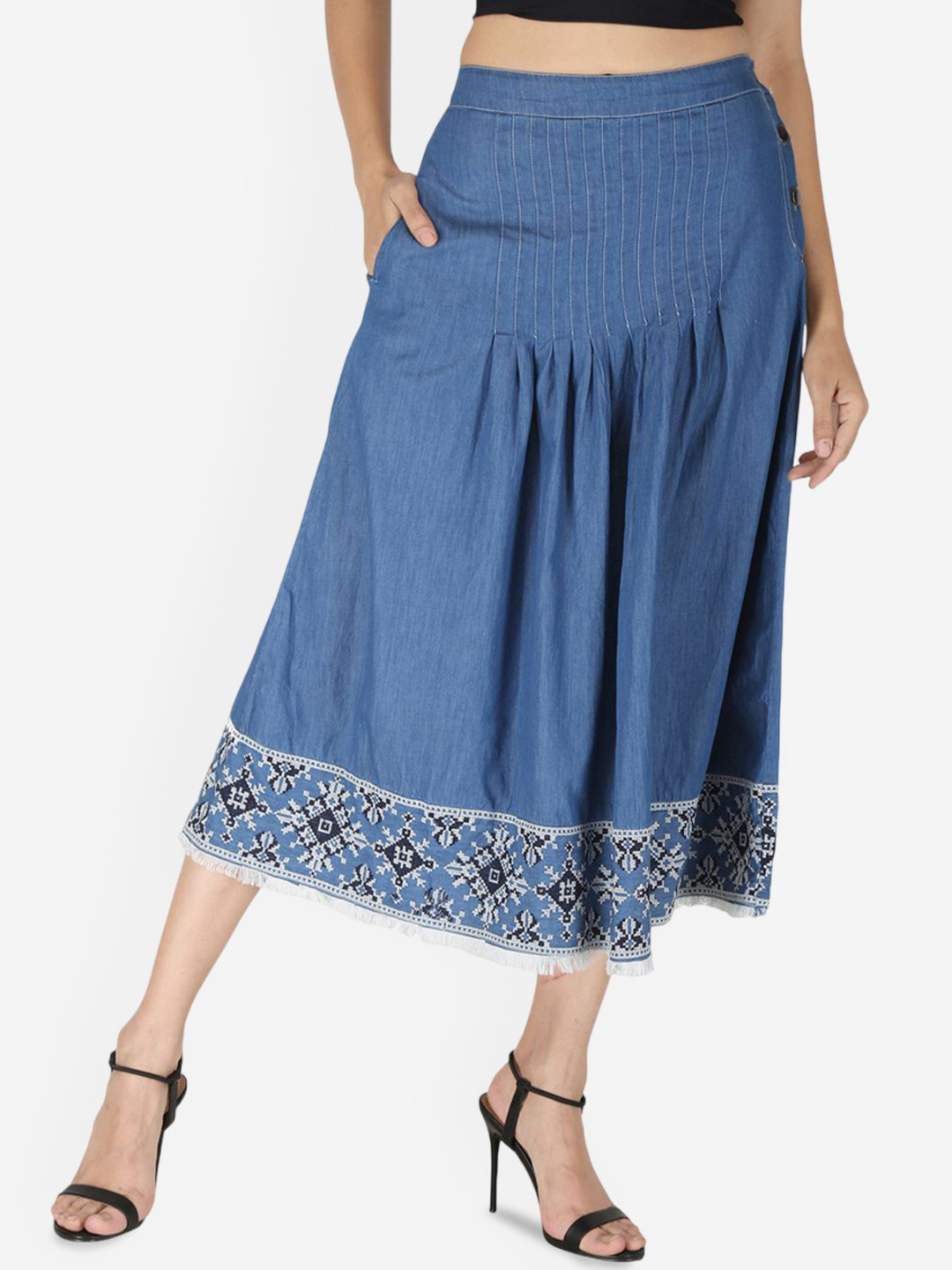 SUMAVI APPREALS Embroidered Linen Mid-Rise A-Line Midi Skirt