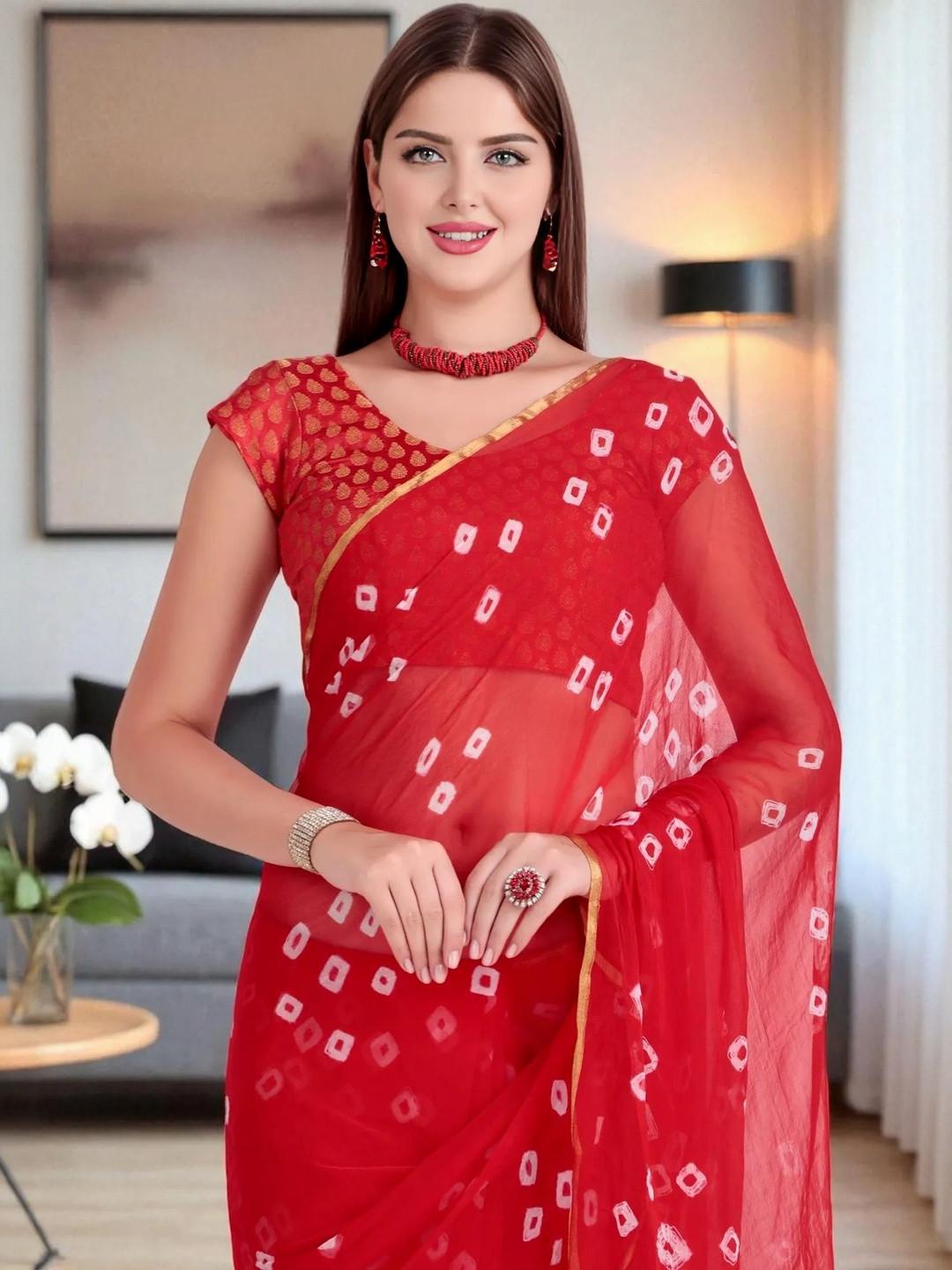 R.Code by The Roadster Life Co. Women Pure Chiffon Bandhani Printed Zari Saree