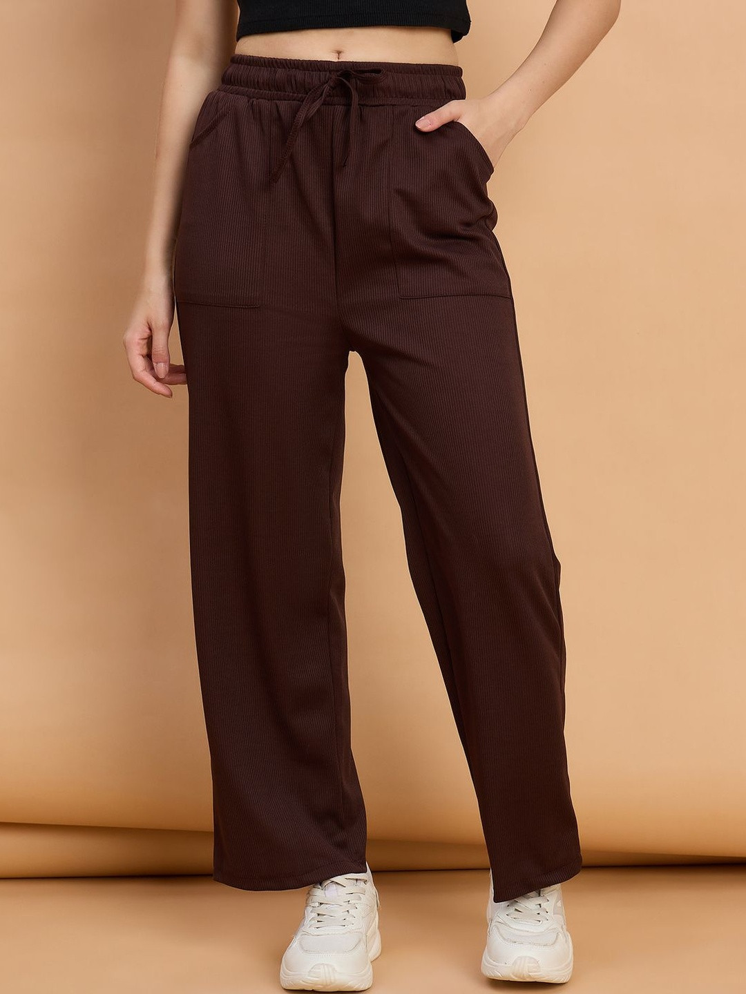 Roadster Women Brown Solid Full Length High-Rise Relaxed Fit Drawstring Cargo Pants