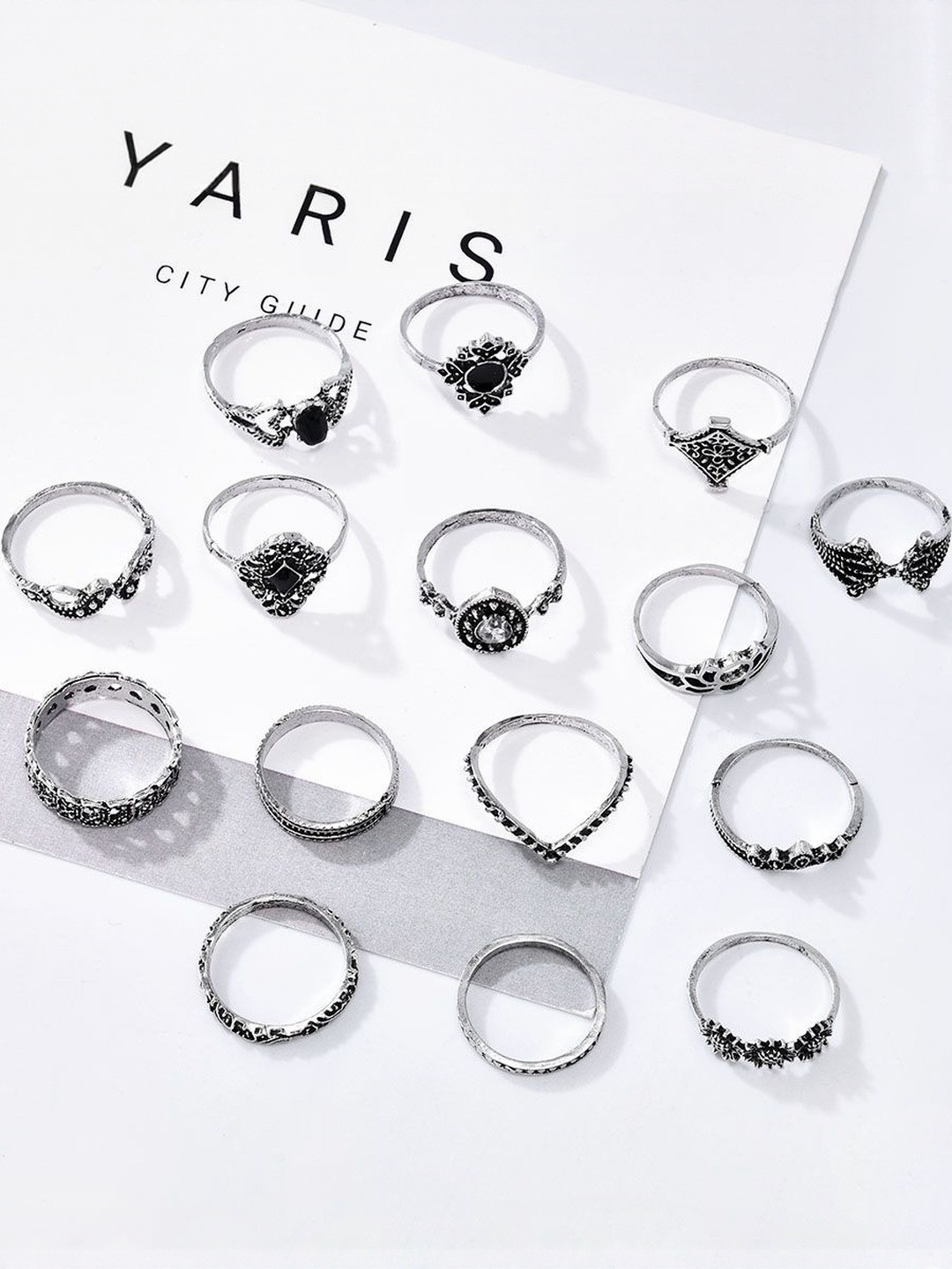 DressBerry Set Of 15 Oxidised Vintage Floral Designs Finger Ring