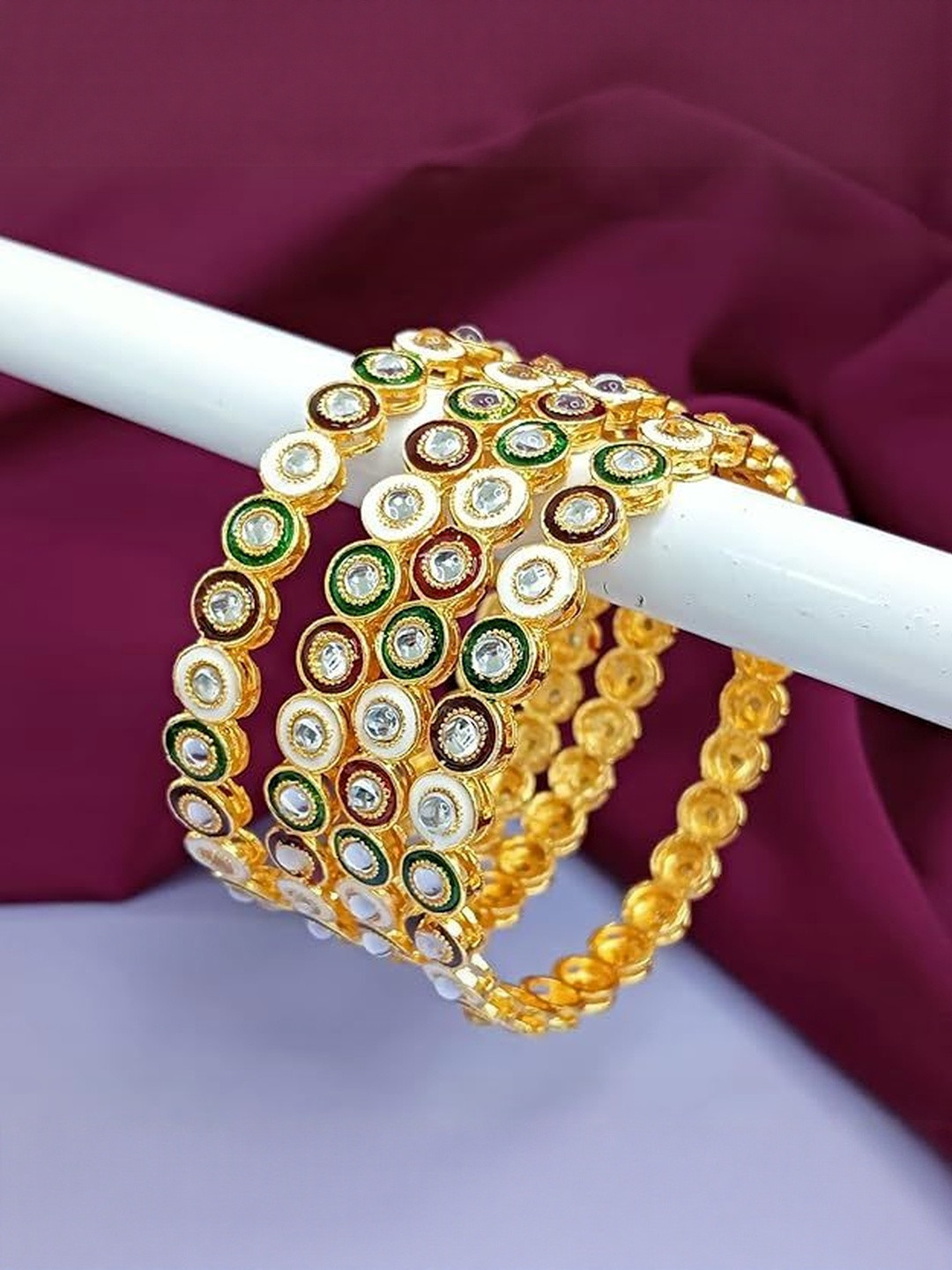 Shivarth Women Pack of 4 Metal Gold Plated Meenakari Kundan Stone Bangles Set