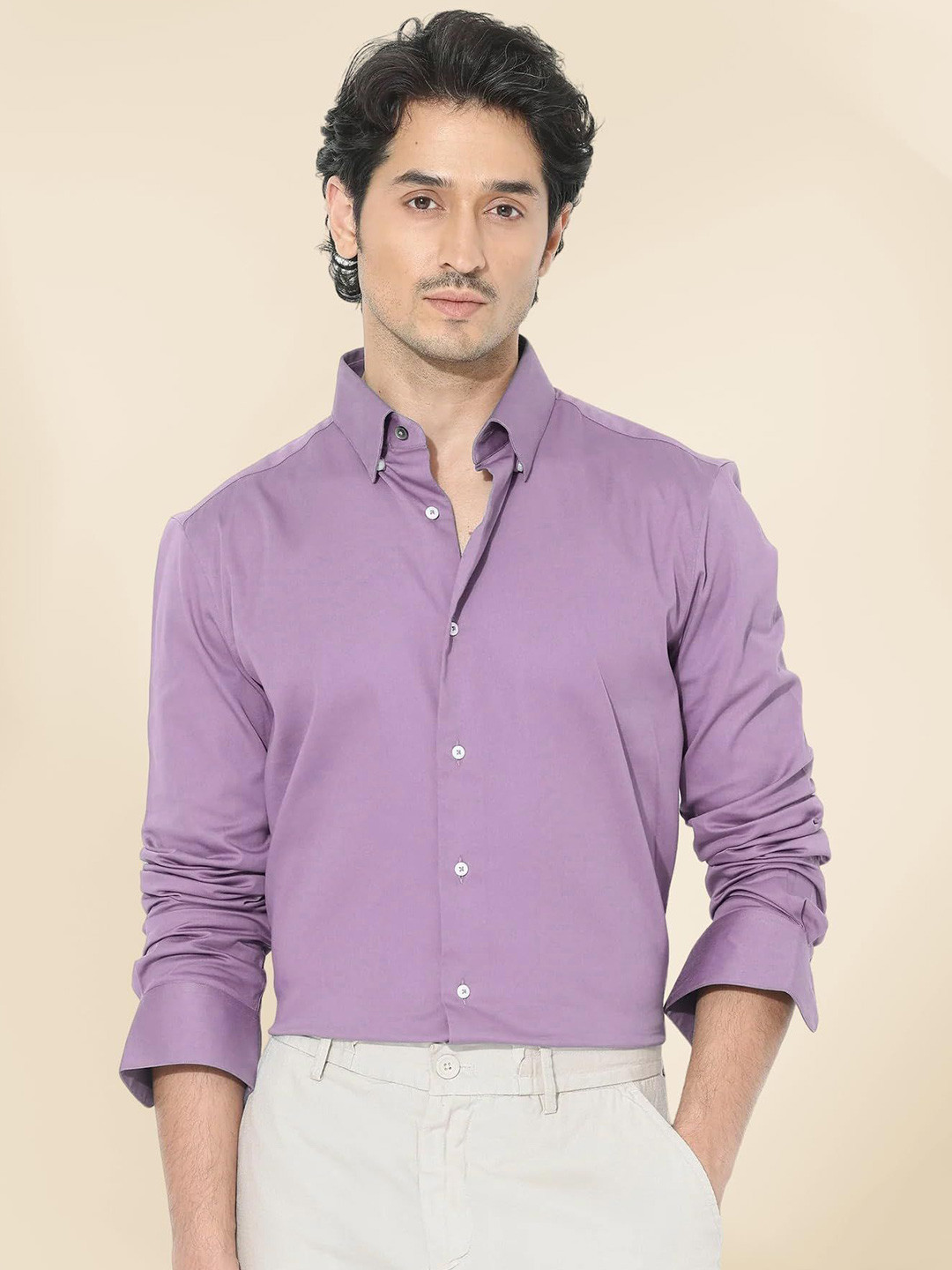INDOPRIMO Button-Down Collar Long Sleeves Satin Casual Shirt