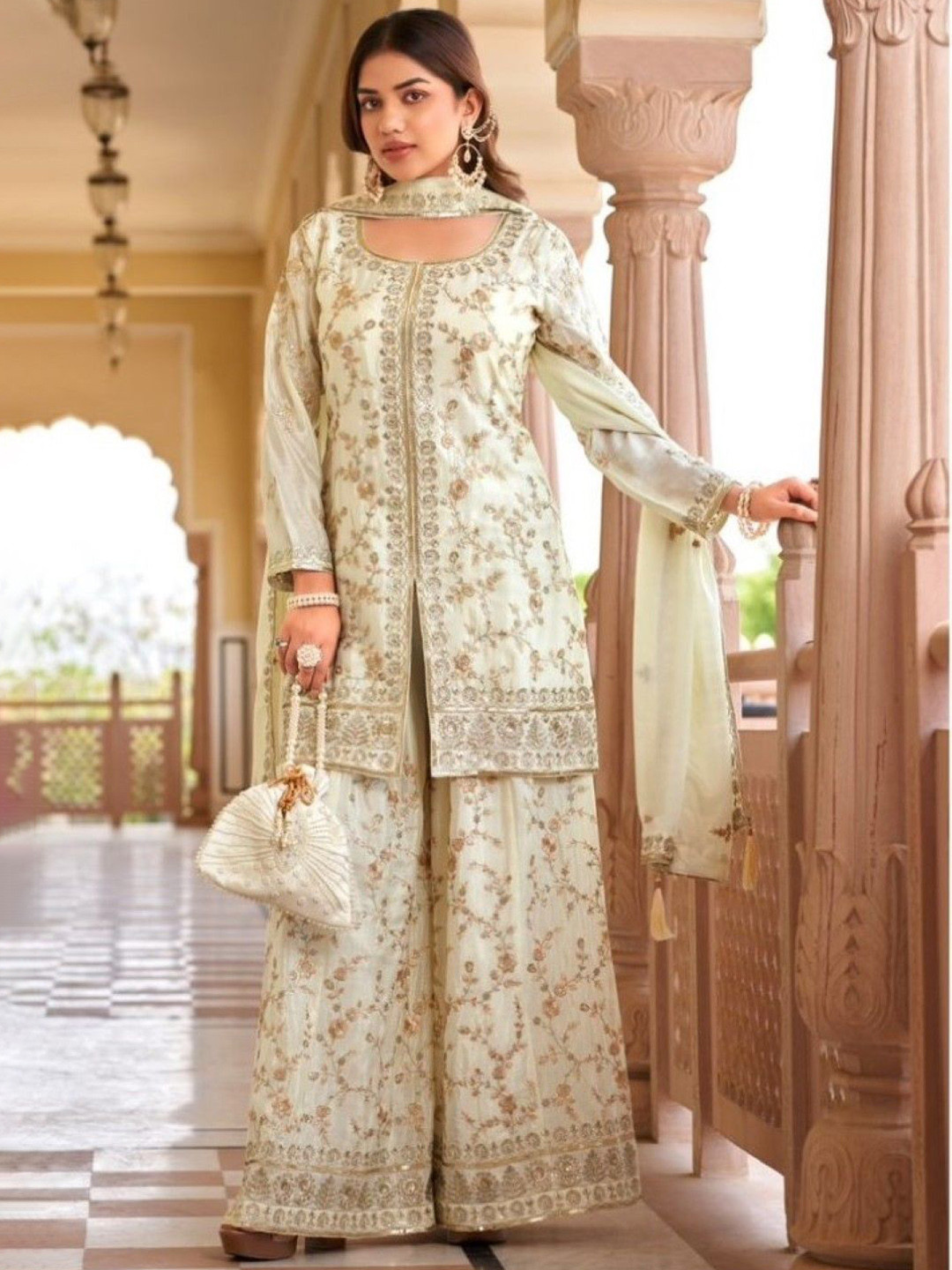 AUTUMN LANE Parbat Dove Floral Embroidered Sequinned Straight Kurta With Sharara & Dupatta