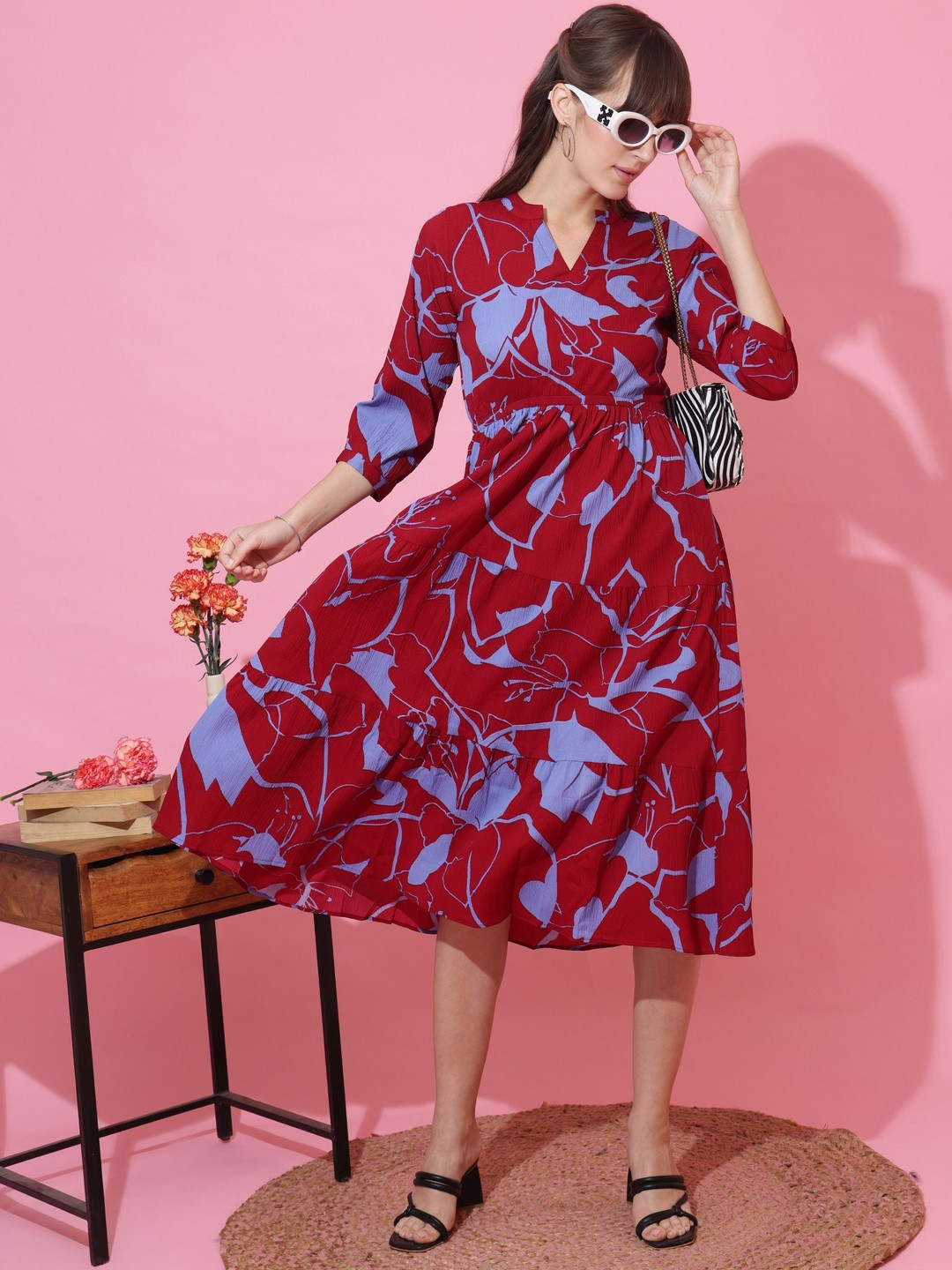 Honky Tonky Printed Tiered Mandarin Collar Gathered or Pleated Fit and Flare Midi Dress