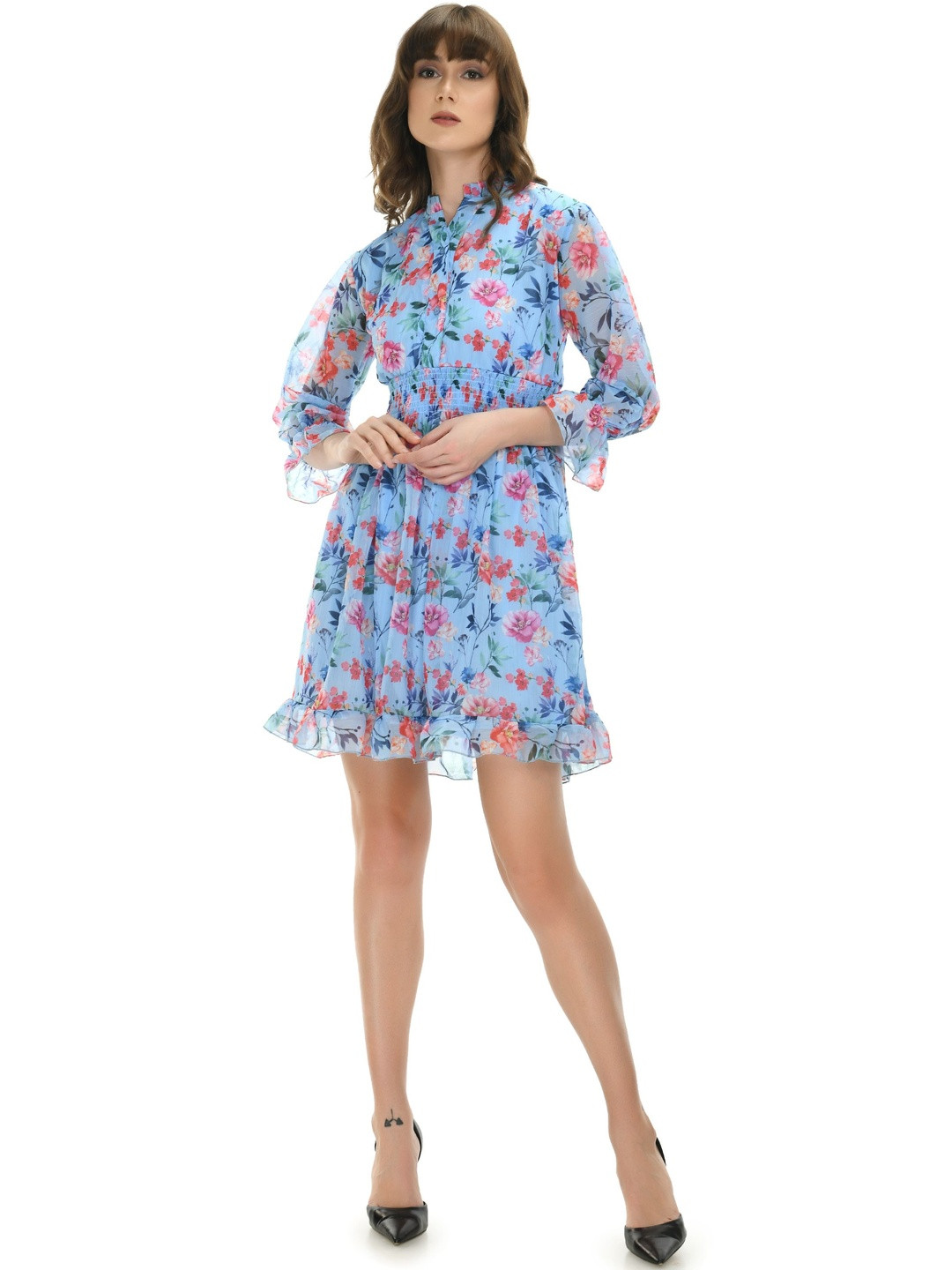 YOGYATA Women Floral Print Puff Sleeve Ruffled Georgette Fit & Flare Mini Dress