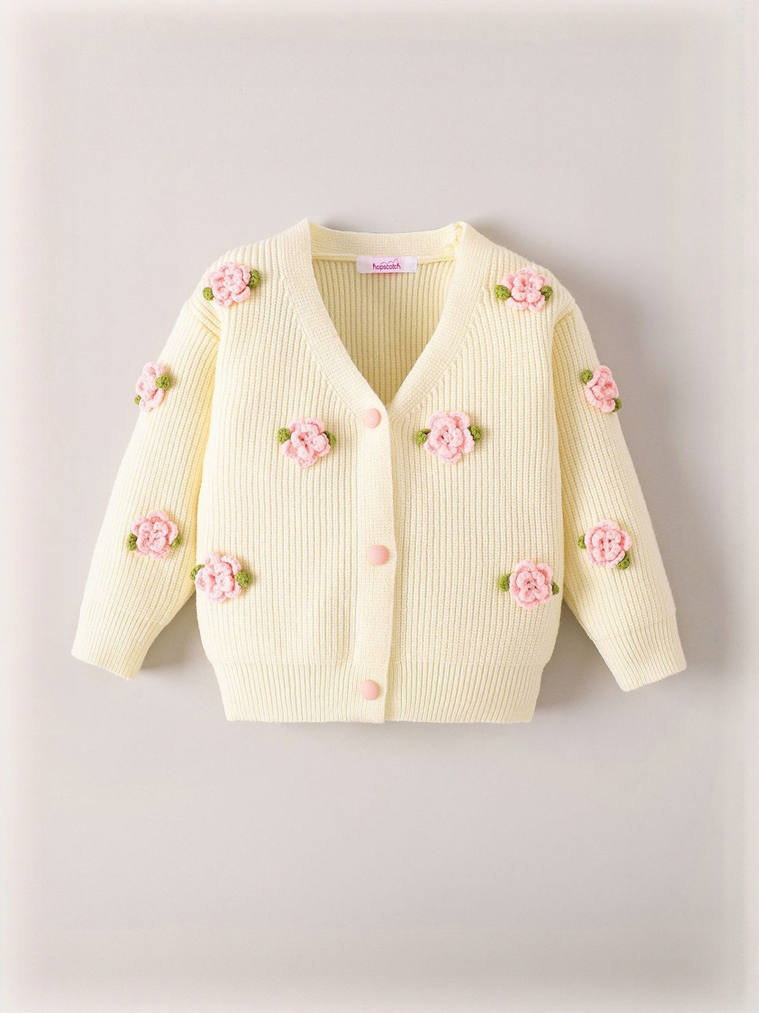 Hopscotch Girls Floral Rose Applique Ribbed Cardigan