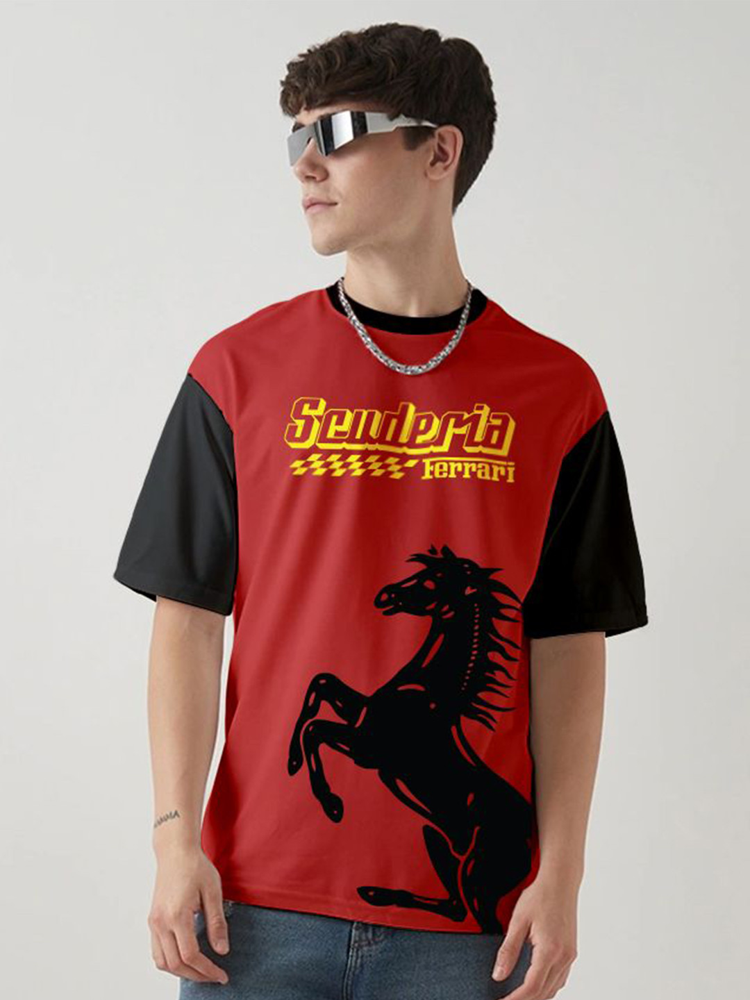Crazymonk Scuderia Ferrari Graphic Printed Drop-Shoulder Sleeves Oversized Cotton T-shirt