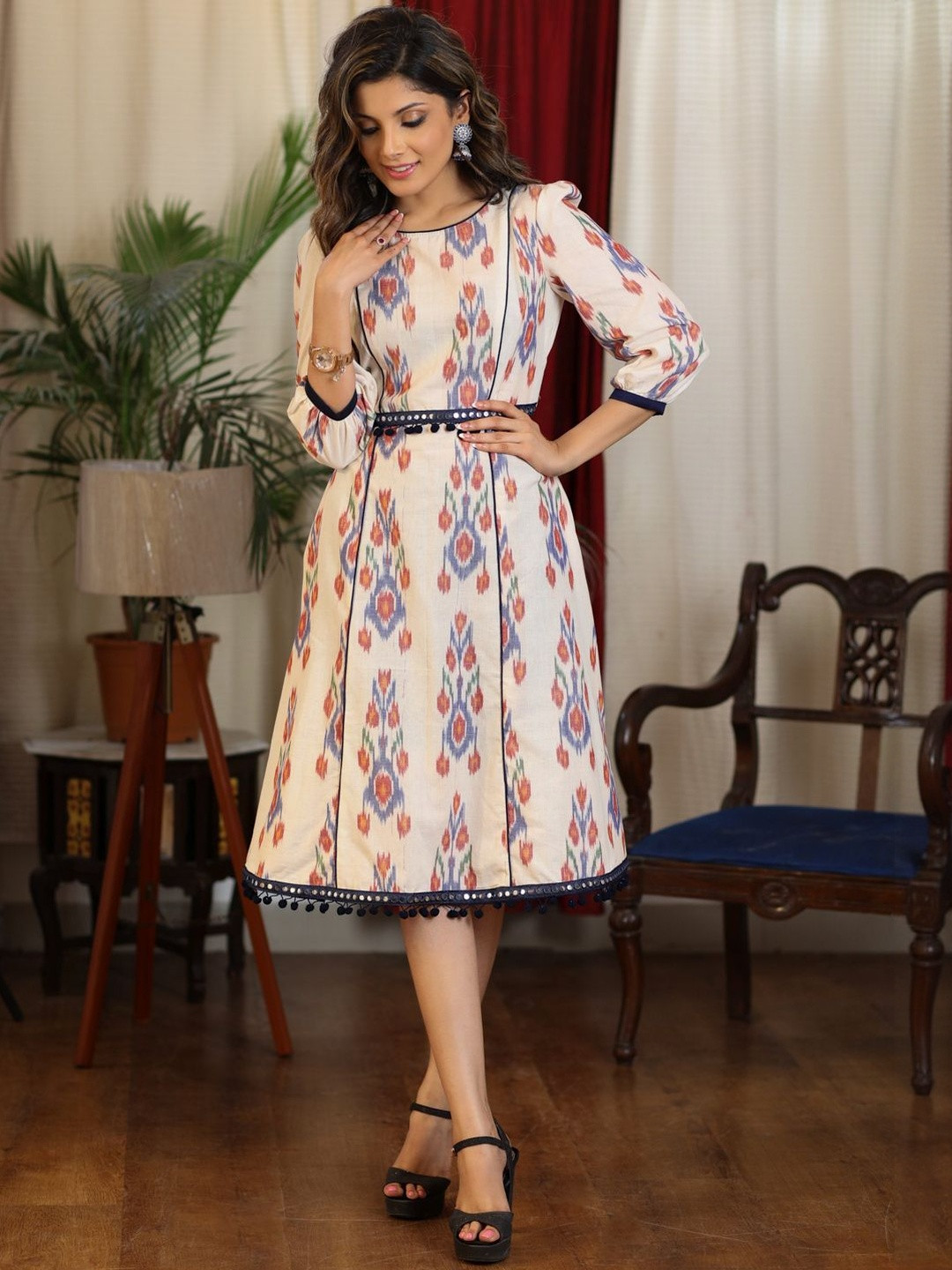 SUJATRA Women Ethnic Motifs Printed Pompom and Mirror Lace Fit & Flare Dress