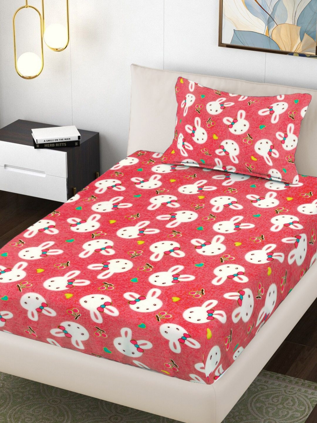 FABINALIV Orange & White Cartoon Printed 300TC Woolen Single Bedsheet Set 2.20 m x 1.50 m