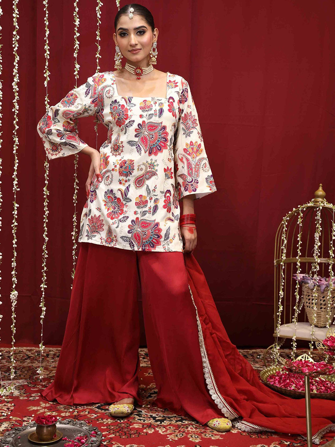 RIVAZ THREADS AND CO Floral Printed Square Neck Straight Kurta With Sharara And Dupatta