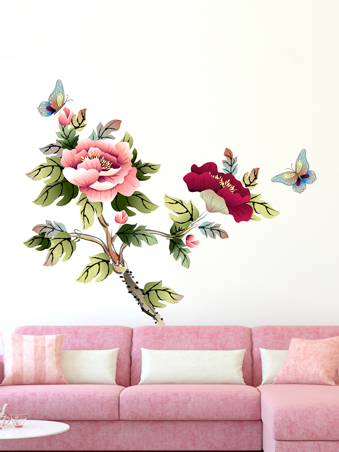 LANSTICK Pink & Green Flowers With Butterflies Printed Self-Adhesive WallStickers