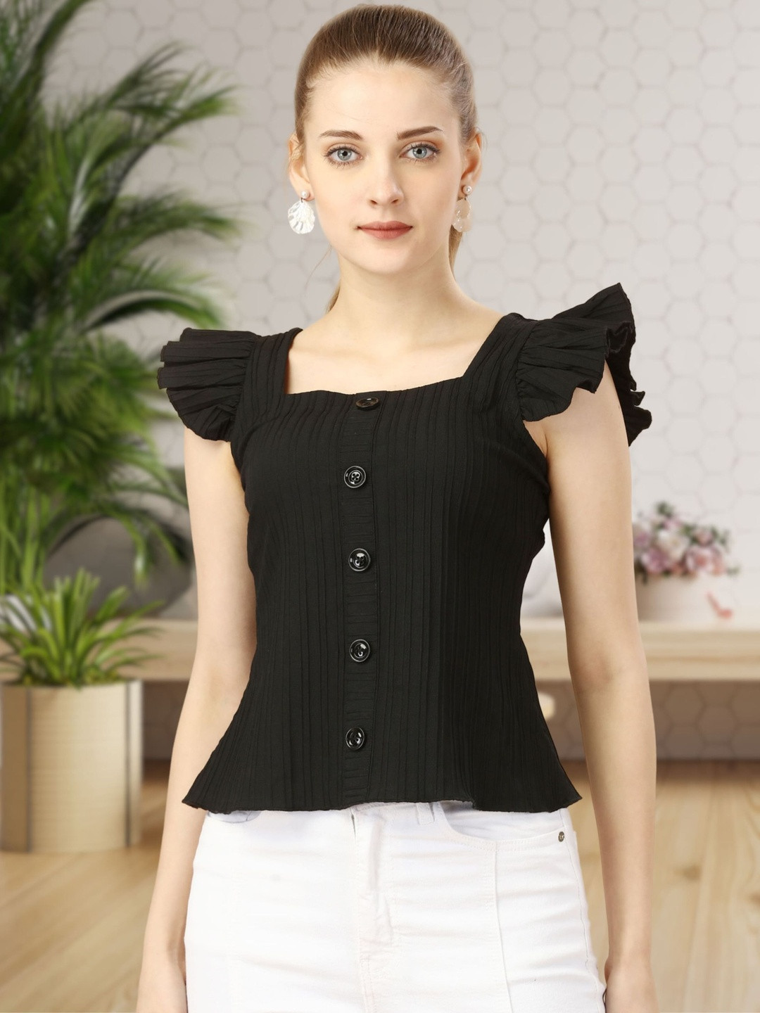 YANAMORA Women Striped Square Neck Flutter Sleeves Top