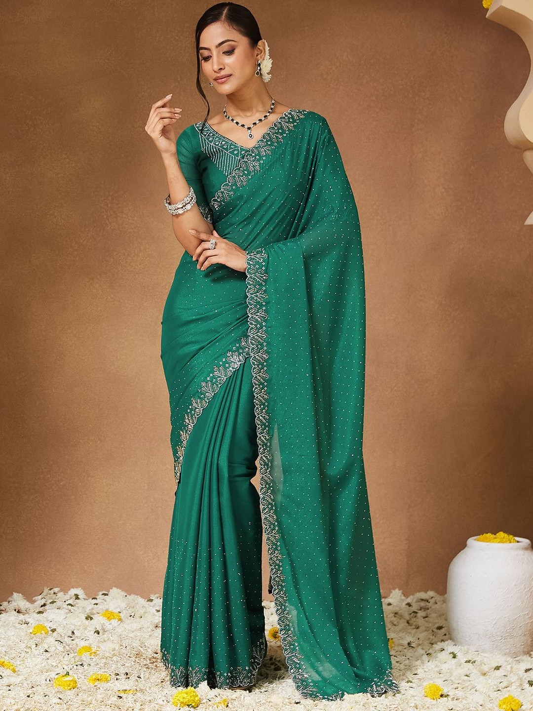 Saree mall Women Embellished Beads and Stones Pure Georgette Heavy Work Sarees