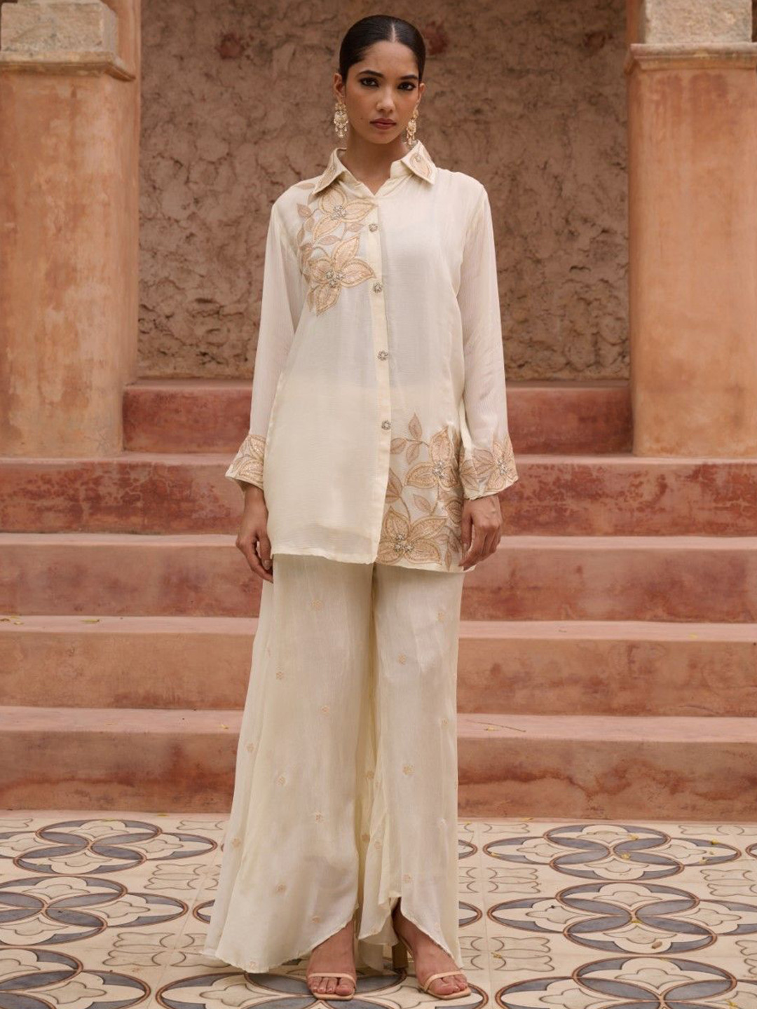 AUTUMN LANE Sangini Dove Work Premium Embroidered Shirt Collar Shirt With Palazzo Co-Ords