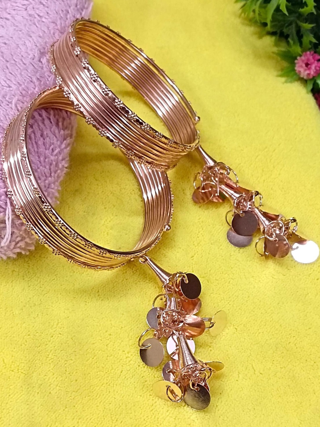 Honbon 2 Pc Metal Tassel Rose Gold Multilayer Wire Bangles