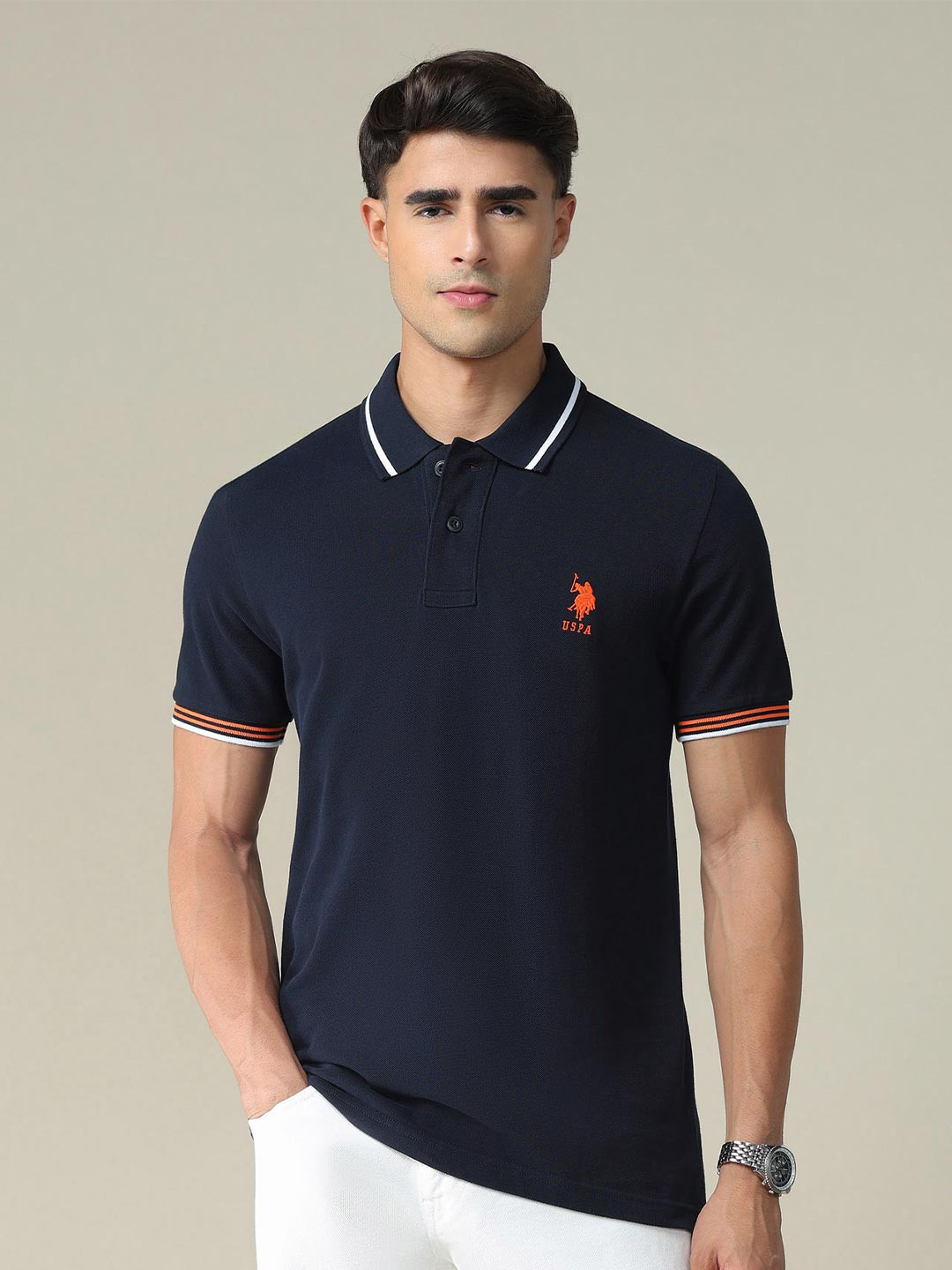 U.S. Polo Assn. Striped Collar Solid Polo Shirt