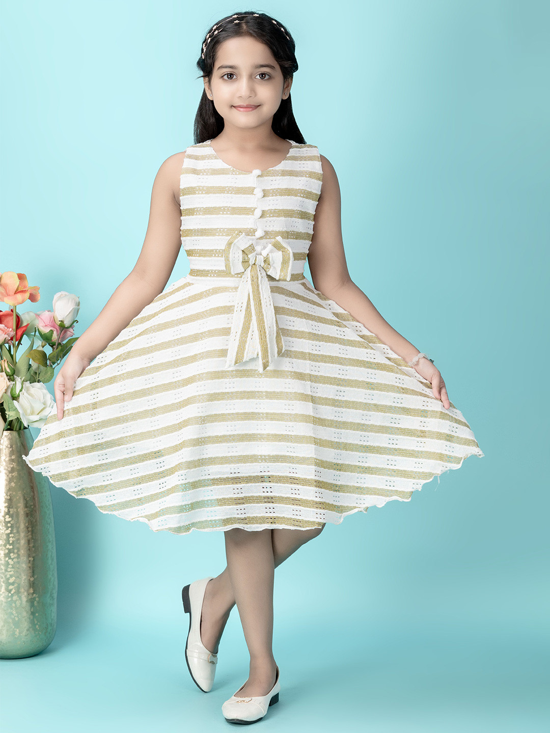 BARKAT DESIGNING PLANET Girls Striped Printed Schiffli Bow A-Line Dress