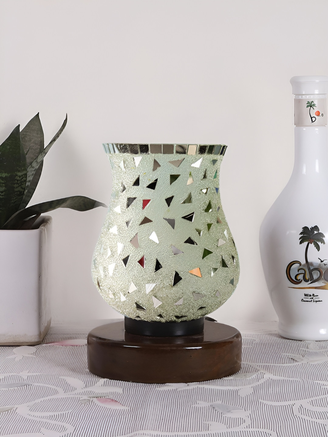 Aura White & Yellow Textured Abstract Shaped Glass Table Lamp With Wooden Base