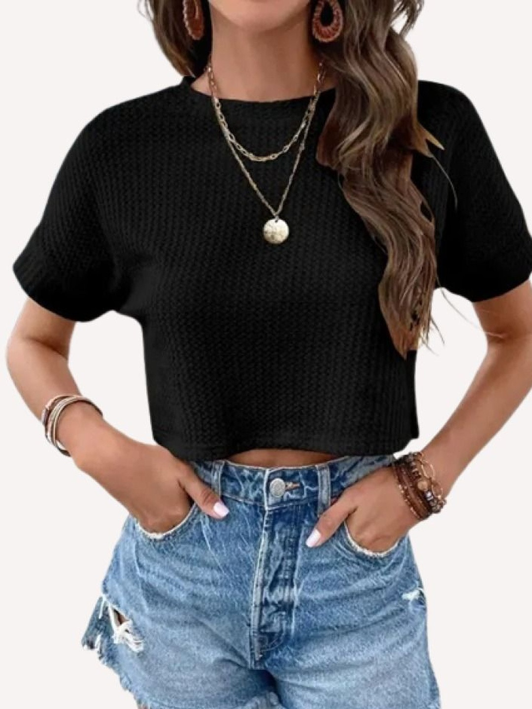 Realglimpse Women Round Neck Short Sleeves Ribbed Crop Top