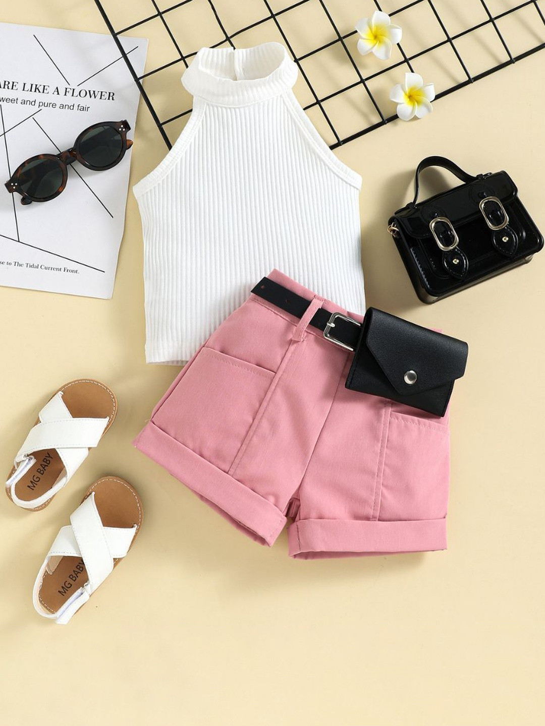 House Of Kids Girls Ribbed High Neck Top with Shorts Belt & Purse