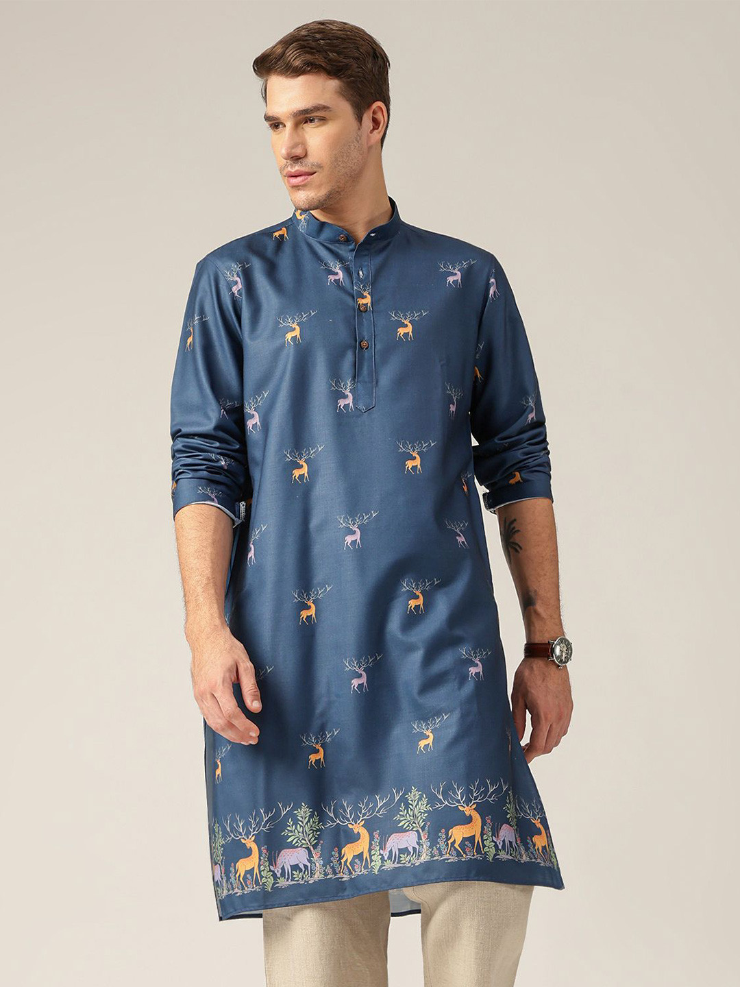 DENNISON Animal Block Printed Cotton Mandarin Collar Kurta
