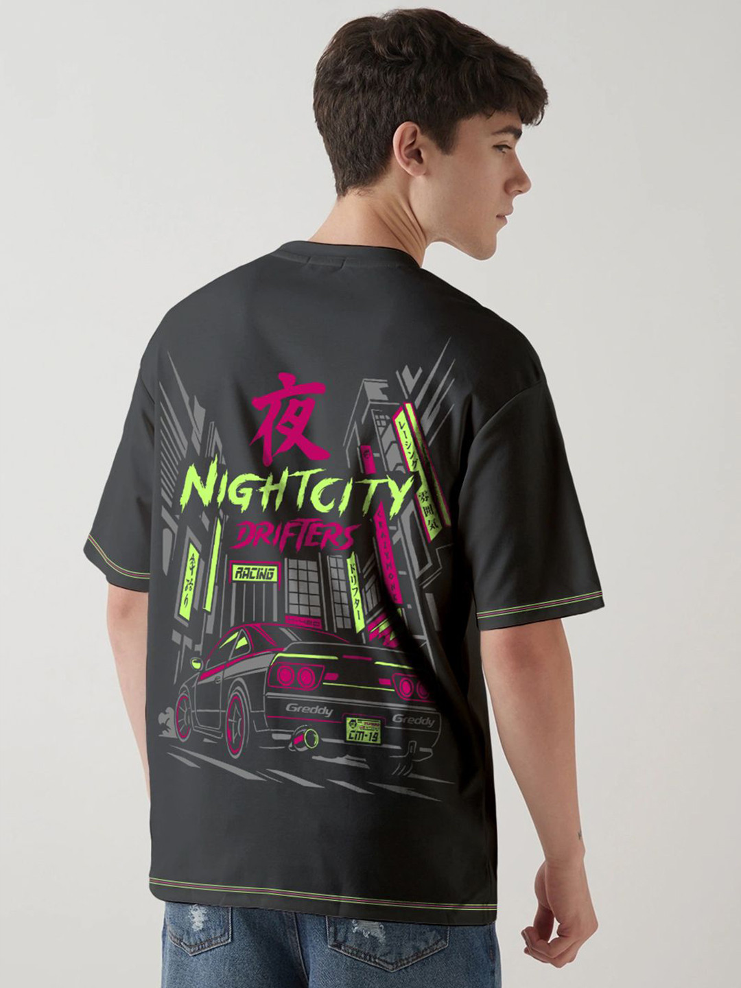 Crazymonk Night Drifters Graphic Printed Drop-Shoulder Sleeves Oversized Cotton T-shirt