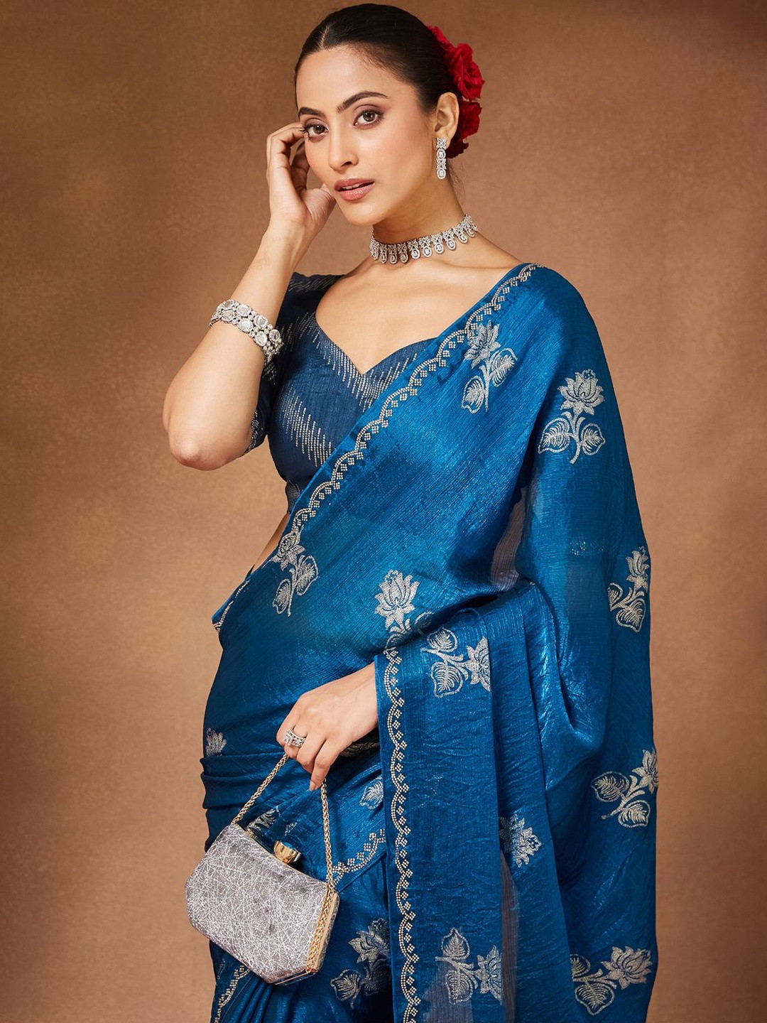 Saree mall Floral Embroidered Beads and Stones Pure Georgette Heavy Work Sarees